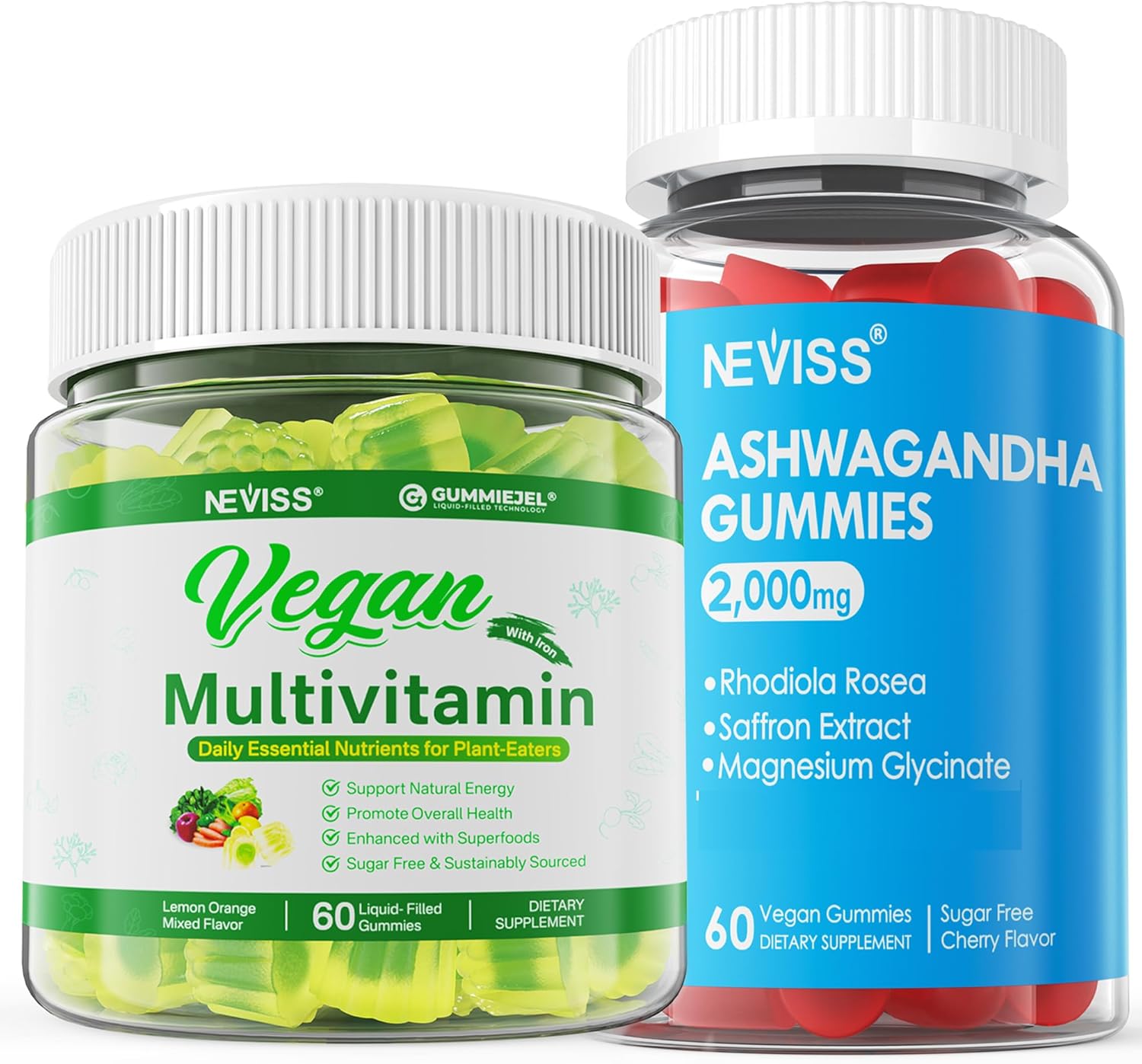 Sugar Free Ashwagandha Gummies 2000mg with Vegan Multivitamin - NEVISS