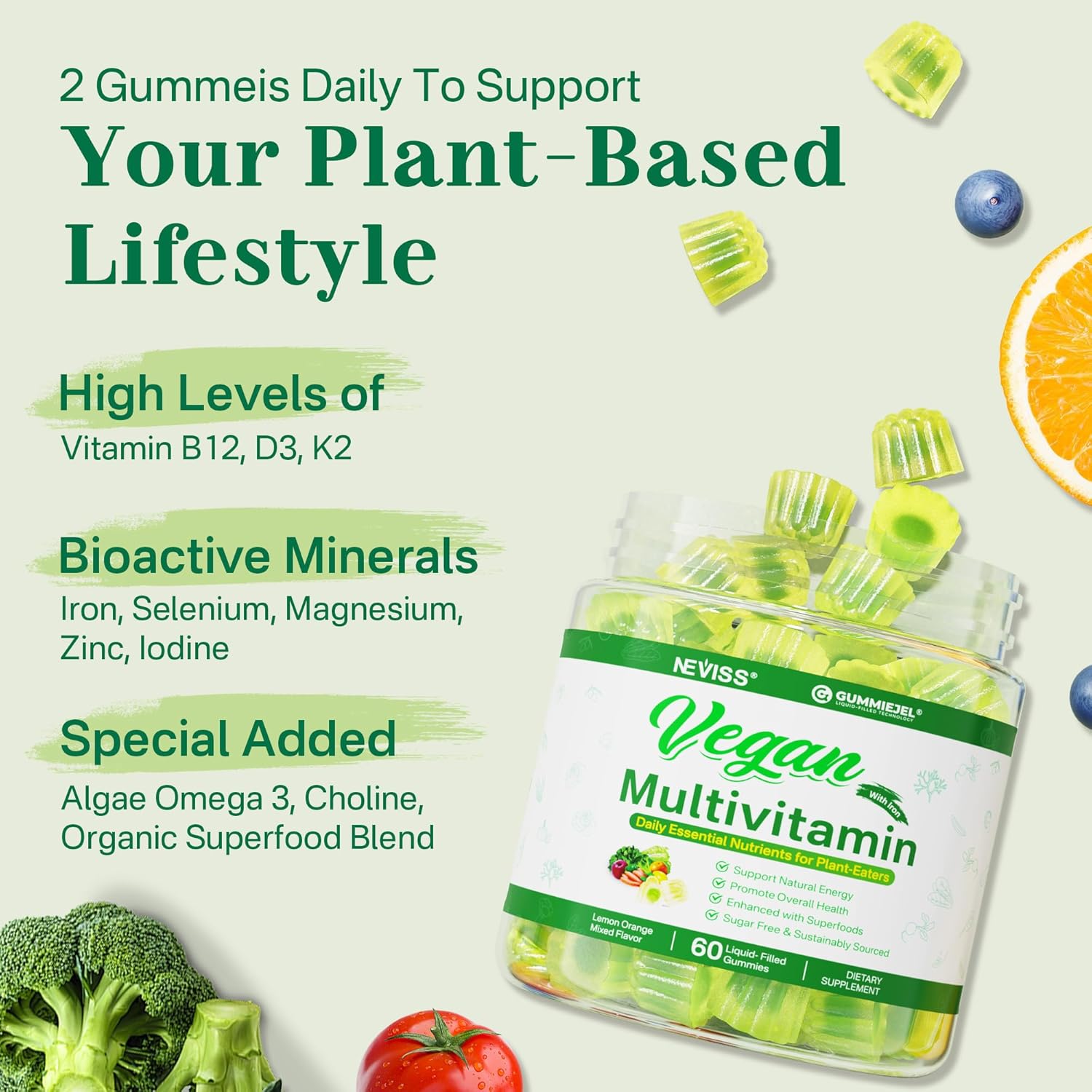 Sugar Free Ashwagandha Gummies 2000mg with Vegan Multivitamin - NEVISS