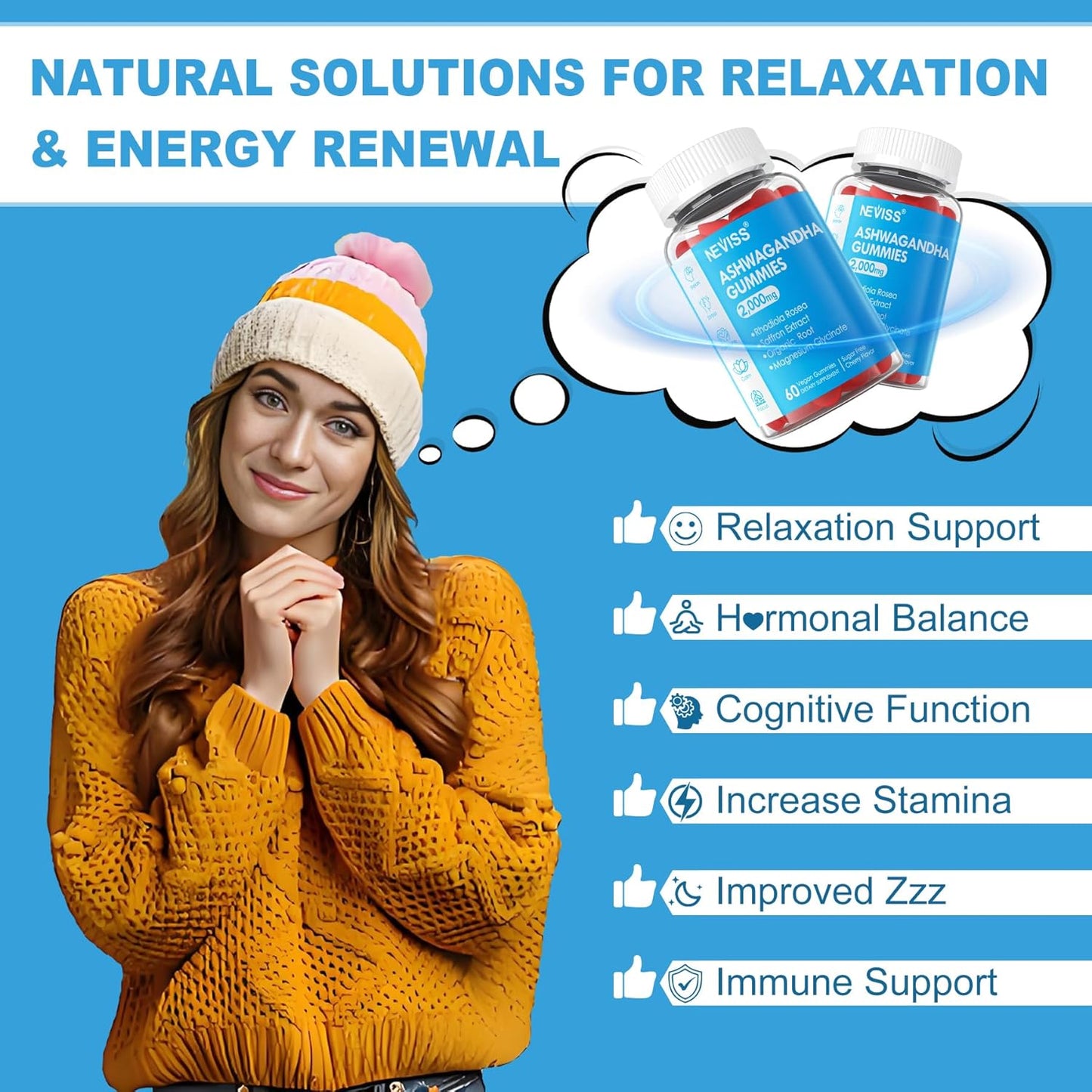 Sugar Free Ashwagandha Gummies 2000mg with Vegan Multivitamin - NEVISS