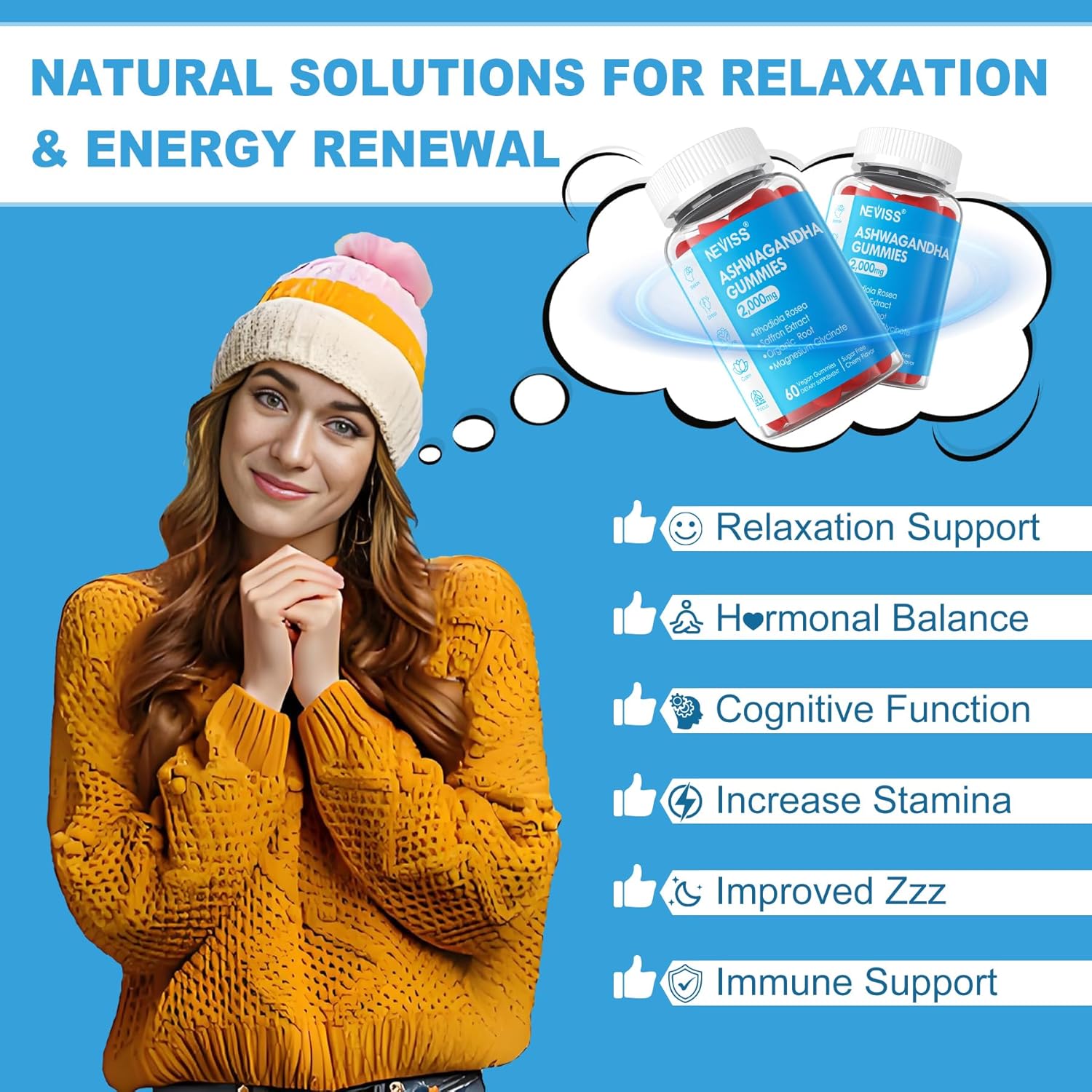 Sugar Free Ashwagandha Gummies 2000mg with Vegan Multivitamin - NEVISS