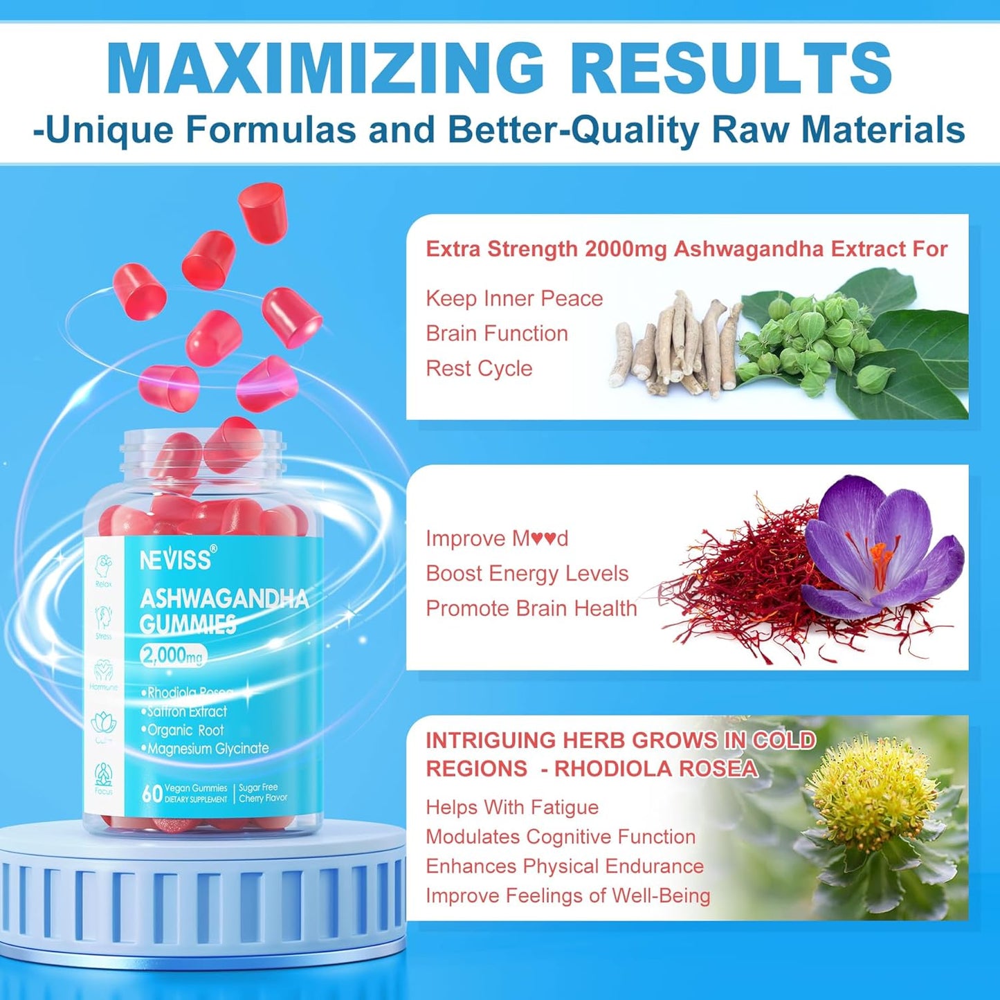 Sugar Free Ashwagandha Gummies 2000mg with Vegan Multivitamin - NEVISS