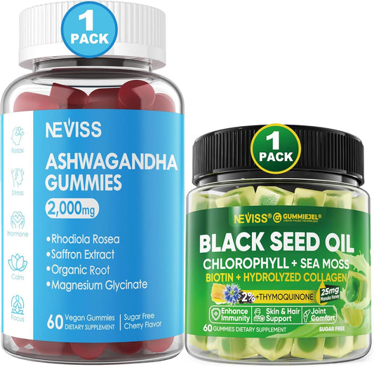 Sugar-Free Ashwagandha Gummies with Magnesium, Nevis Black Seed Oil Gummies with Chlorophyll & Sea Moss - 2000mg Supplement