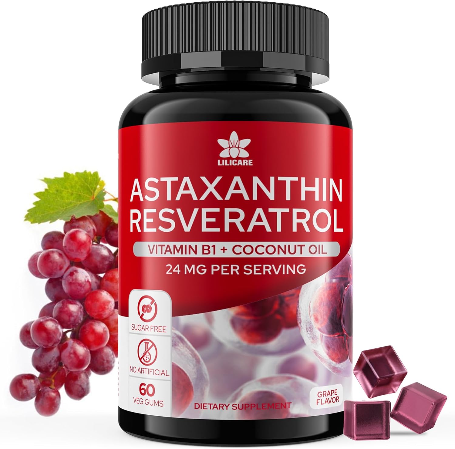 Sugar-Free Astaxanthin Gummies with Resveratrol - Antioxidant Supplement for Healthy Aging - Vegan, Non-GMO - 60 Count