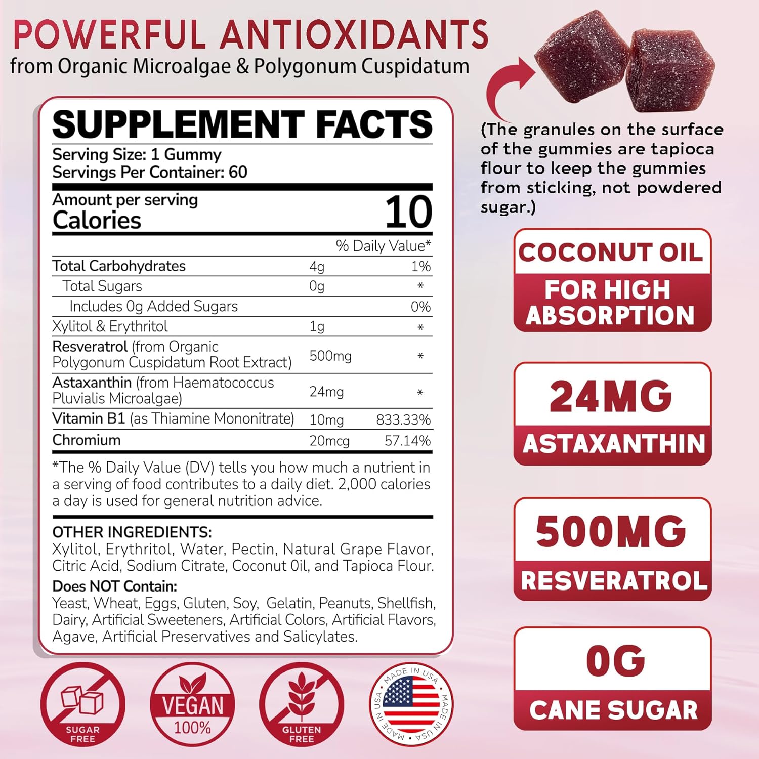 Sugar-Free Astaxanthin Gummies with Resveratrol - Antioxidant Supplement for Healthy Aging - Vegan, Non-GMO - 60 Count
