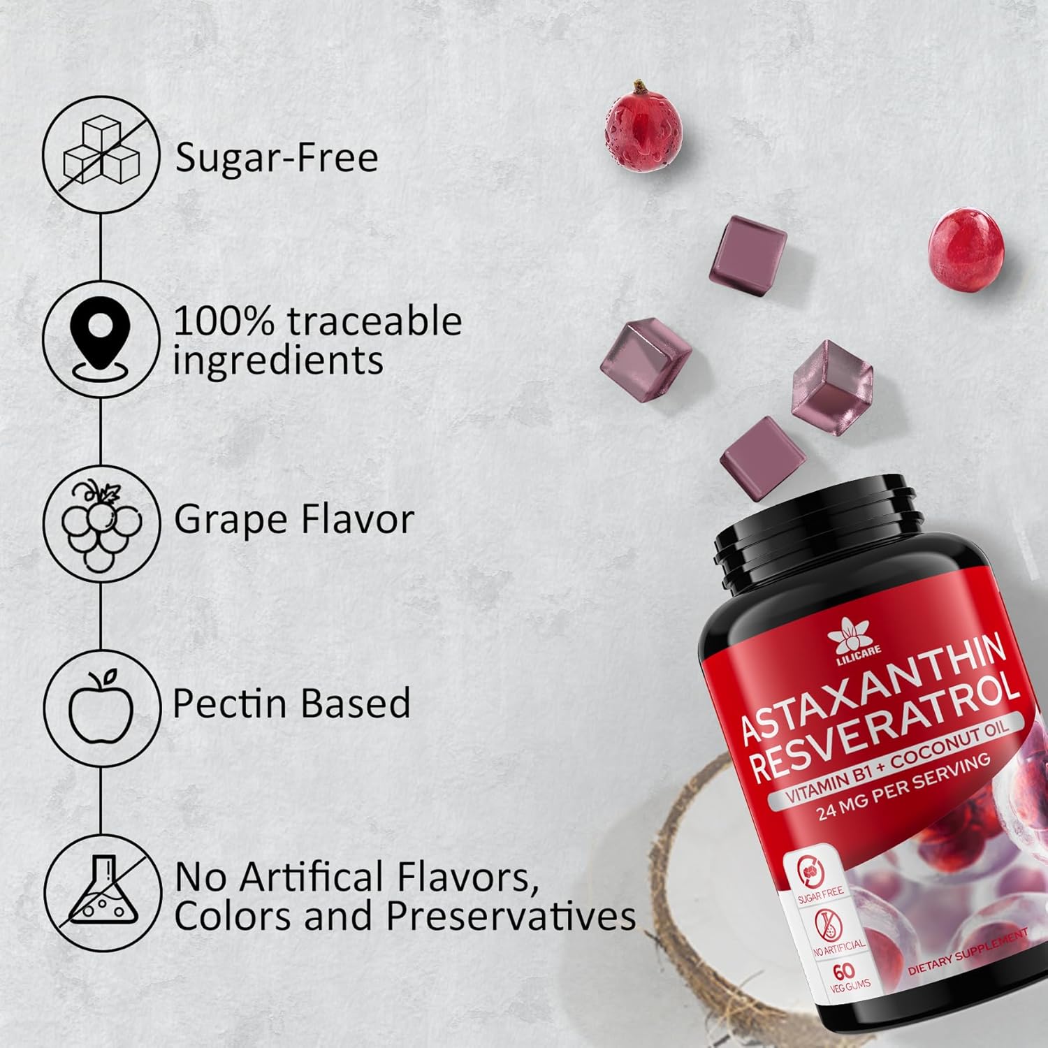 Sugar-Free Astaxanthin Gummies with Resveratrol - Antioxidant Supplement for Healthy Aging - Vegan, Non-GMO - 60 Count