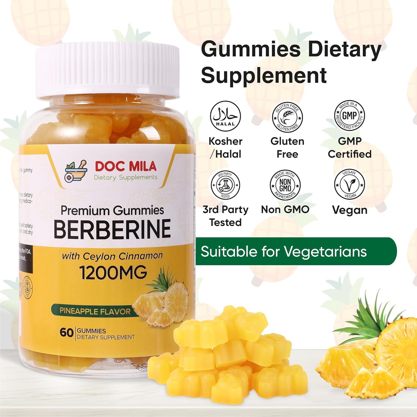 Sugar-Free Berberine with Ceylon Cinnamon Gummies - 1200mg Supplement - Vegan, Non-GMO - 60 Gummies