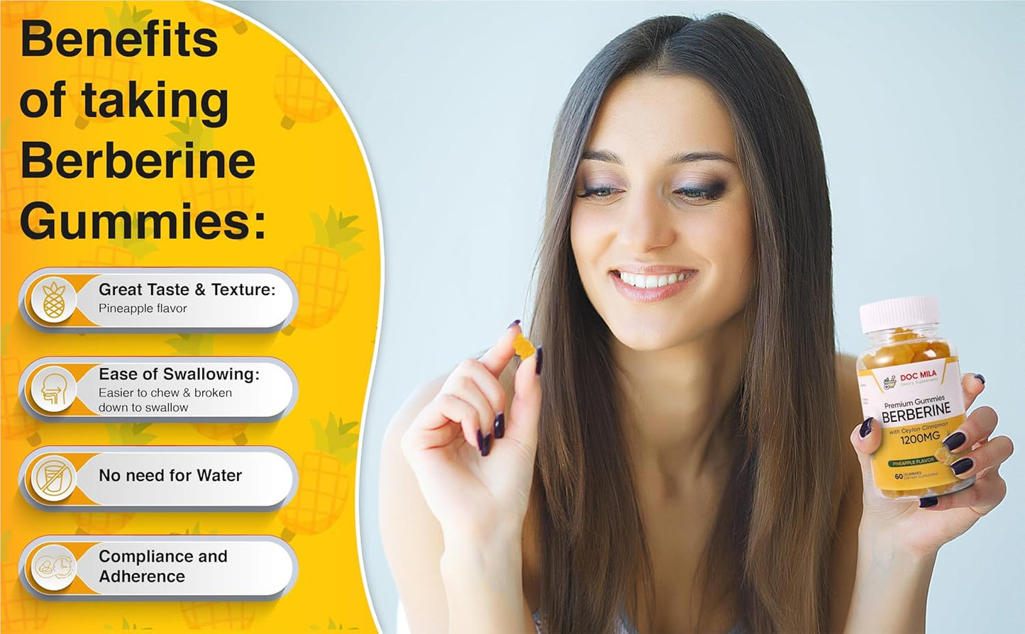 Sugar-Free Berberine with Ceylon Cinnamon Gummies - 1200mg Supplement - Vegan, Non-GMO - 60 Gummies