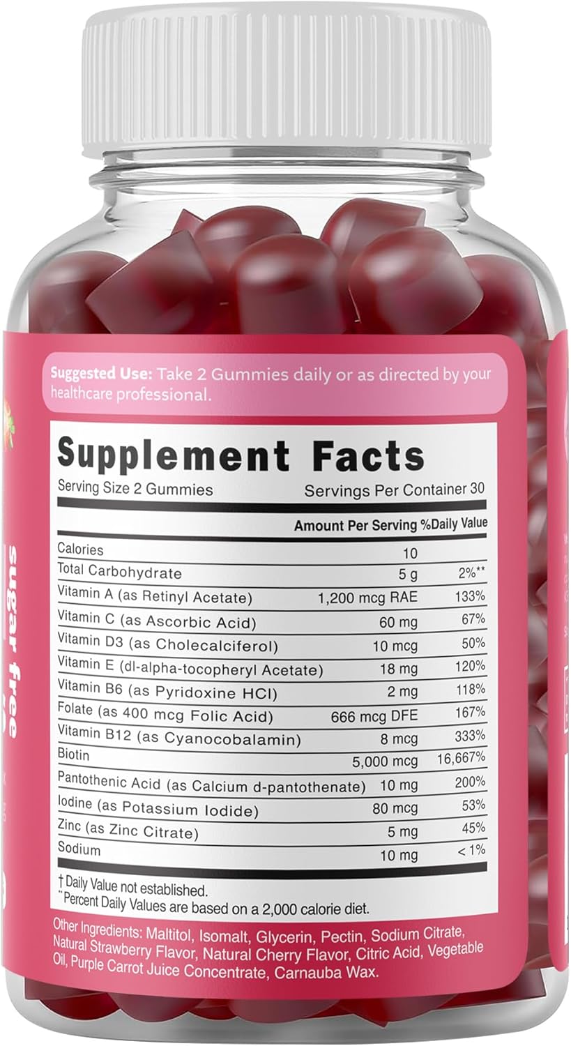 Sugar-Free Biotin Gummies for Hair, Skin, and Nails - 5000mcg with Full Vitamin Complex - 60 Ct Strawberry & Cherry Flavor - Hair Growth and Nail Strength Formula