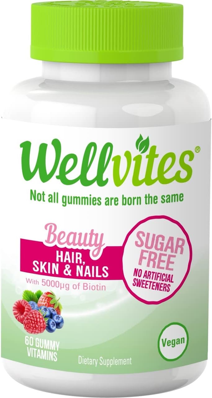 Sugar-Free Biotin Gummies for Hair, Skin & Nails - 60 Count Vegan Beauty Gummies with Biotin, Vitamin B12, Folate - Non-GMO & Gluten-Free