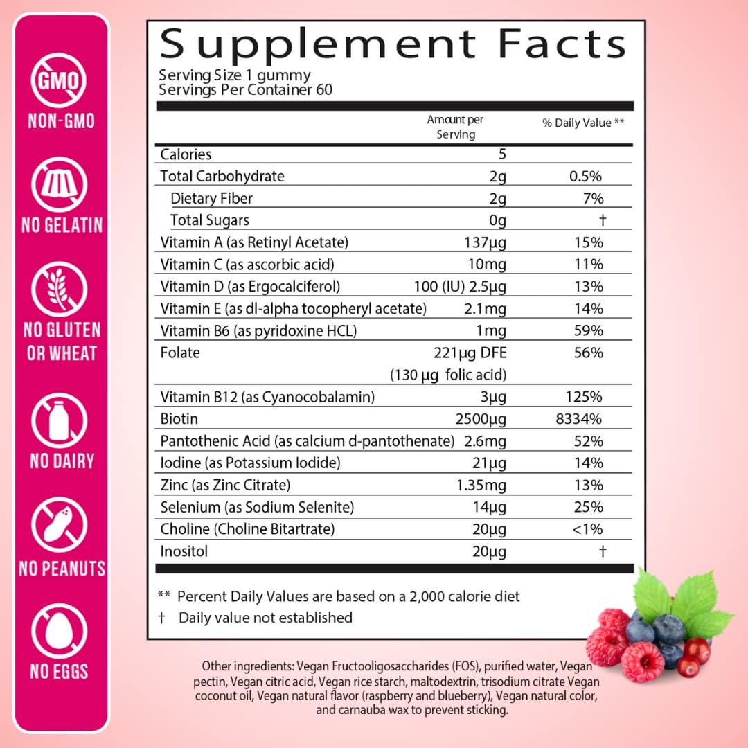 Sugar-Free Biotin Gummies for Hair, Skin & Nails - 60 Count Vegan Beauty Gummies with Biotin, Vitamin B12, Folate - Non-GMO & Gluten-Free