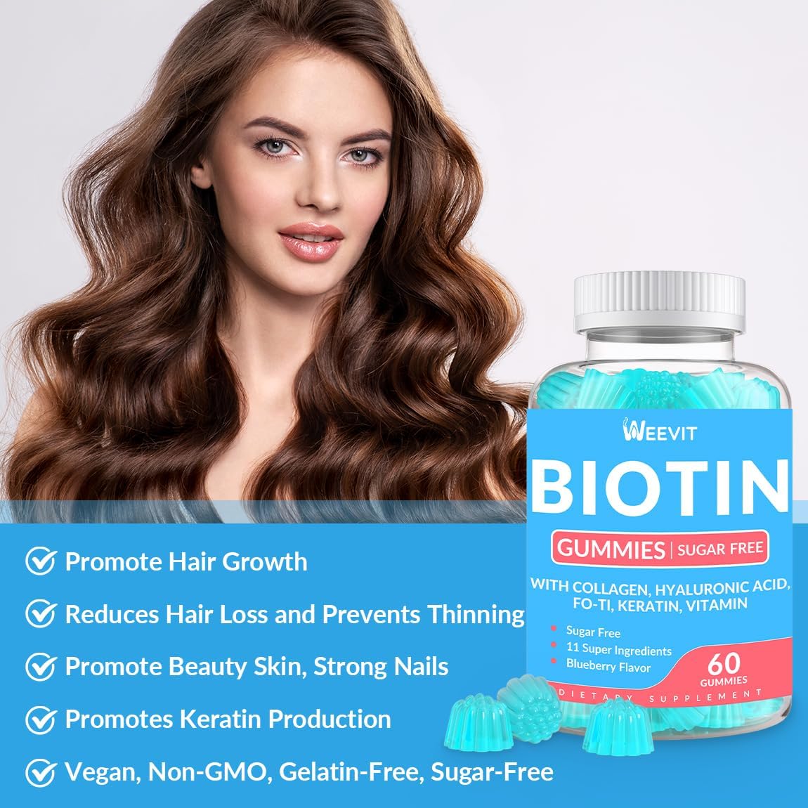 Sugar-Free Biotin Gummies with Collagen, Keratin, and Hyaluronic Acid for Hair Growth - Vitamin B7 Chewables for Men and Women