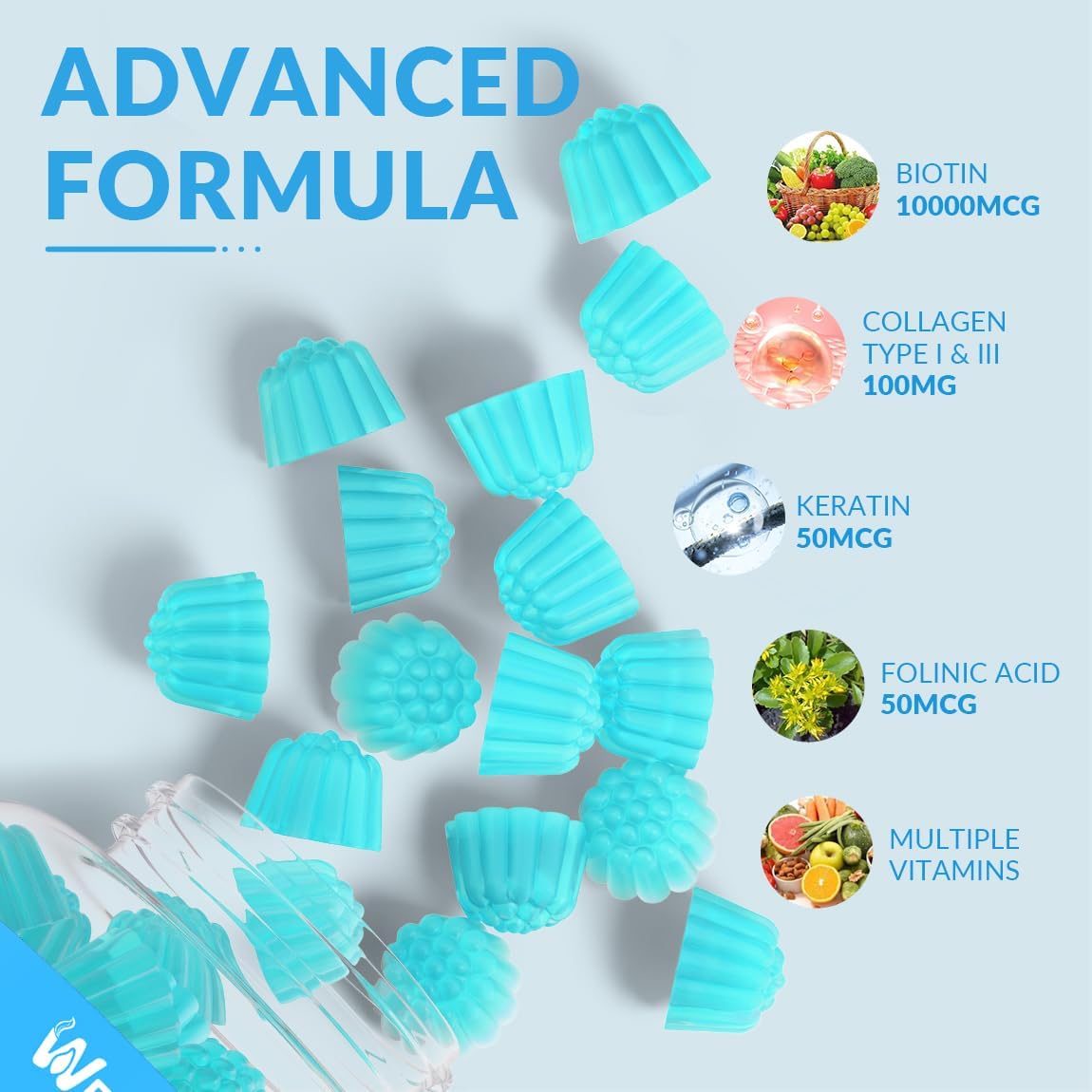 Sugar-Free Biotin Gummies with Collagen, Keratin, and Hyaluronic Acid for Hair Growth - Vitamin B7 Chewables for Men and Women