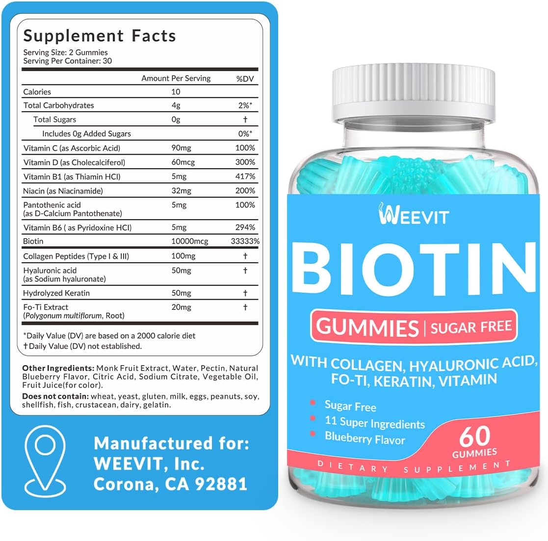 Sugar-Free Biotin Gummies with Collagen, Keratin, and Hyaluronic Acid for Hair Growth - Vitamin B7 Chewables for Men and Women