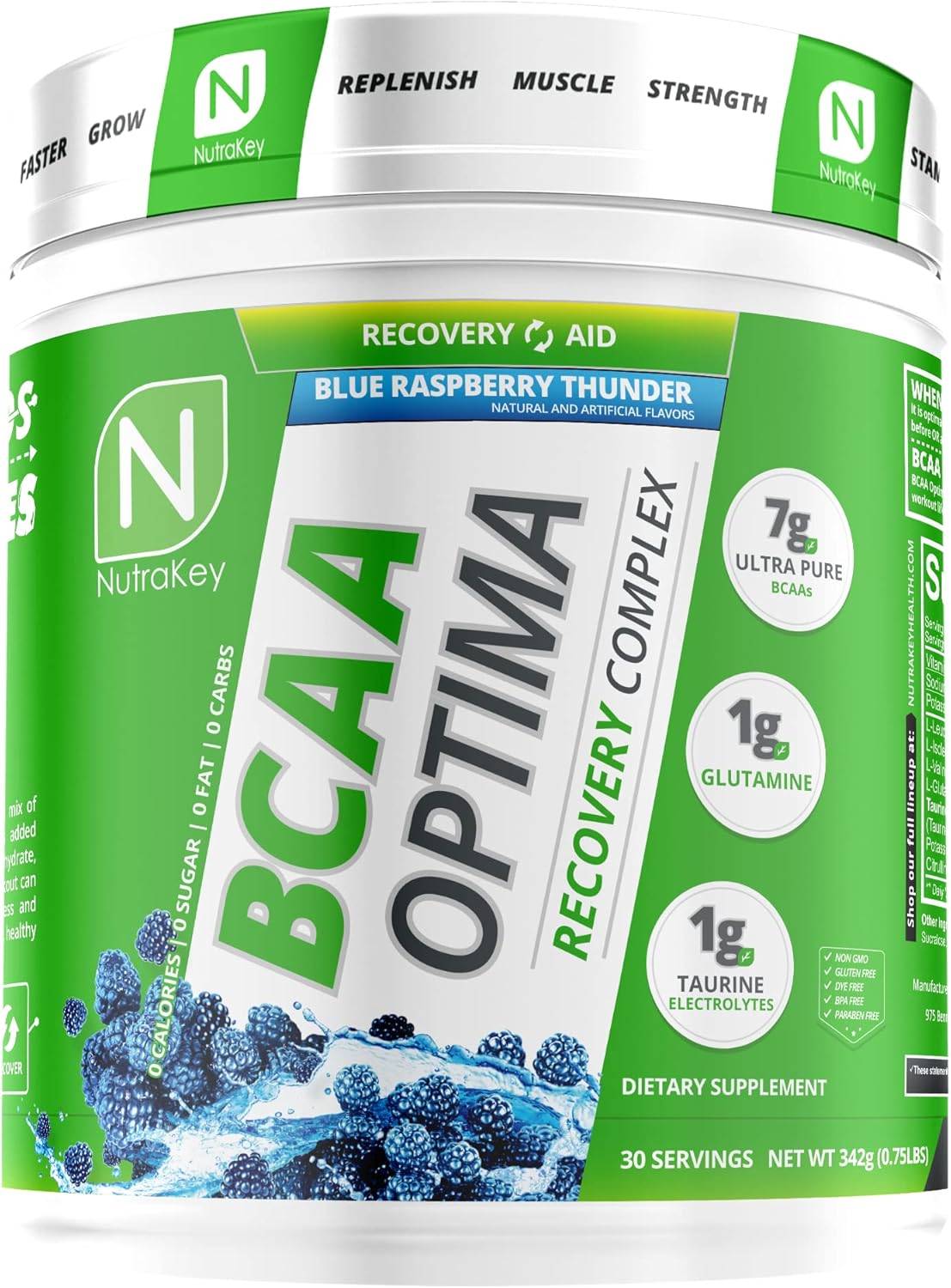 Sugar-Free Blue Raspberry BCAA Optima Post Workout Recovery Complex - No Carbs, Recovery Aid by NutraKey