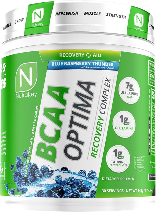 Sugar-Free Blue Raspberry BCAA Optima Post Workout Recovery Complex - No Carbs, Recovery Aid by NutraKey