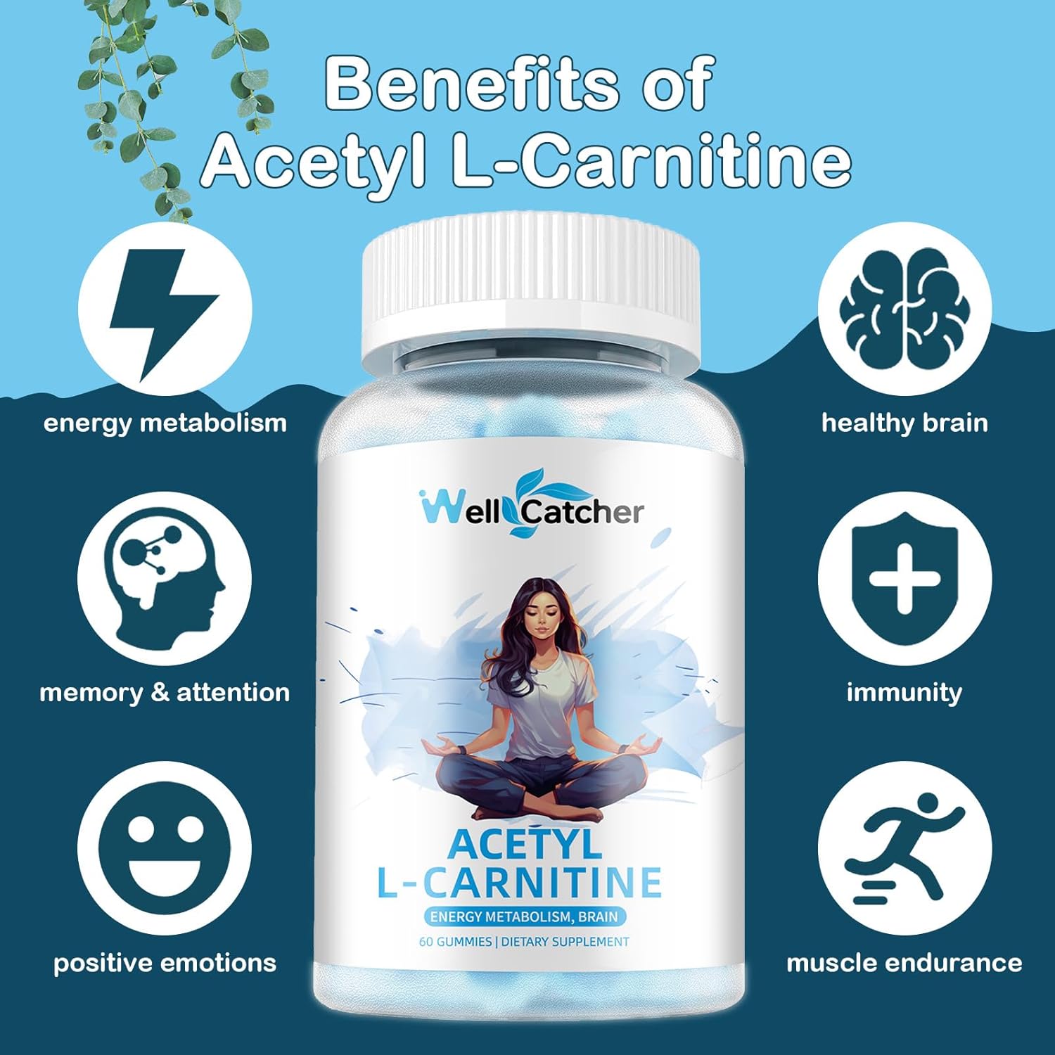 Sugar Free Blueberry Flavoured Acetyl L-Carnitine Gummies - 1000 MG Vegan Supplement for Muscular Endurance, Energy, Brain Health - Non-GMO - 60 Count