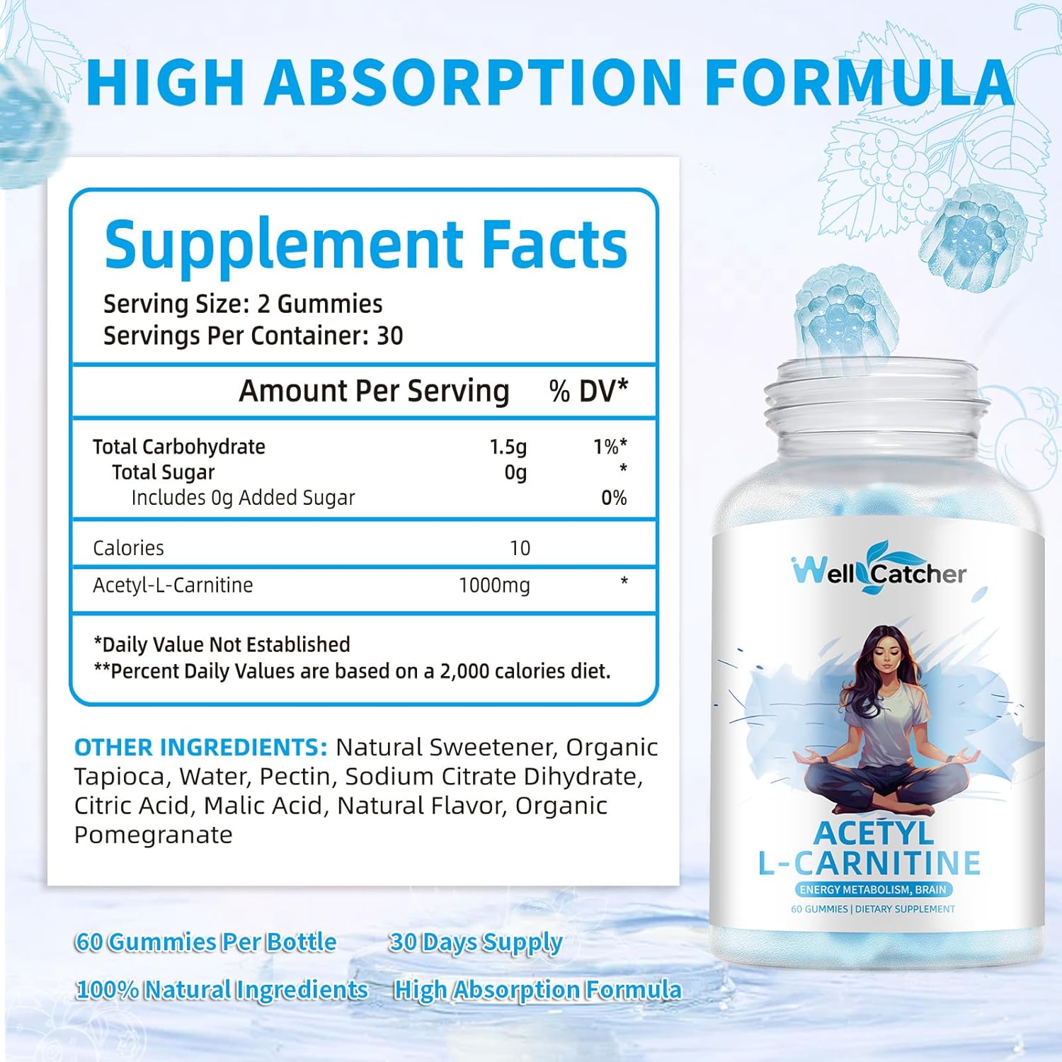 Sugar Free Blueberry Flavoured Acetyl L-Carnitine Gummies - 1000 MG Vegan Supplement for Muscular Endurance, Energy, Brain Health - Non-GMO - 60 Count