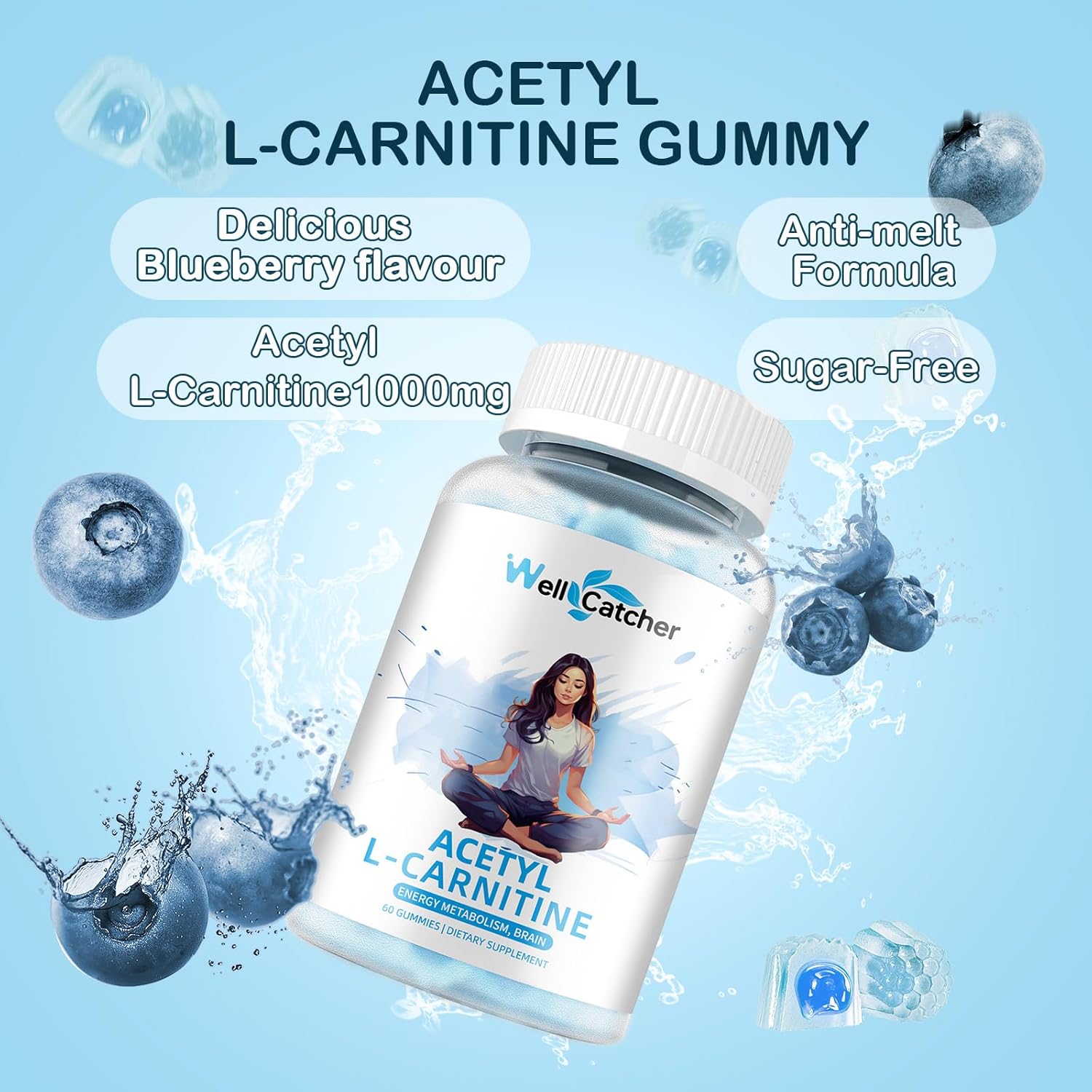 Sugar Free Blueberry Flavoured Acetyl L-Carnitine Gummies - 1000 MG Vegan Supplement for Muscular Endurance, Energy, Brain Health - Non-GMO - 60 Count