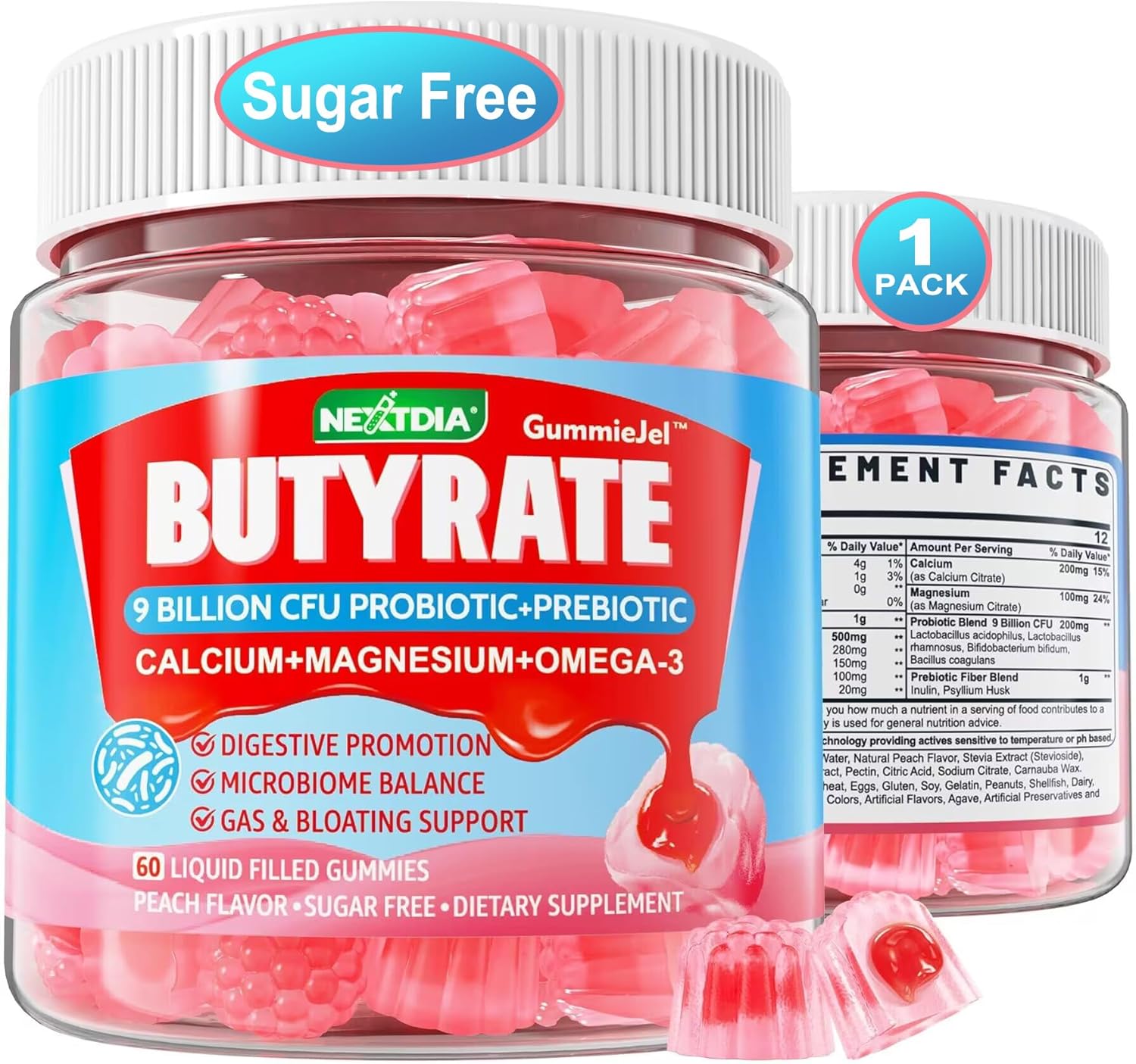 Sugar-Free Butyrate Gummies with Probiotic, Prebiotic, Postbiotic, Omega-3, Fiber, 9 Billion CFU Probiotics, Calcium, Magnesium, Inulin, Psyllium Husk for Digestive Health & Bloating Support