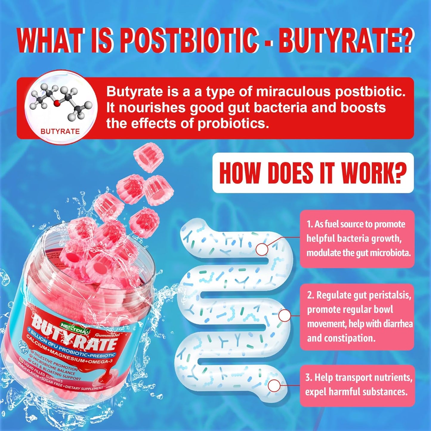 Sugar-Free Butyrate Gummies with Probiotic, Prebiotic, Postbiotic, Omega-3, Fiber, 9 Billion CFU Probiotics, Calcium, Magnesium, Inulin, Psyllium Husk for Digestive Health & Bloating Support