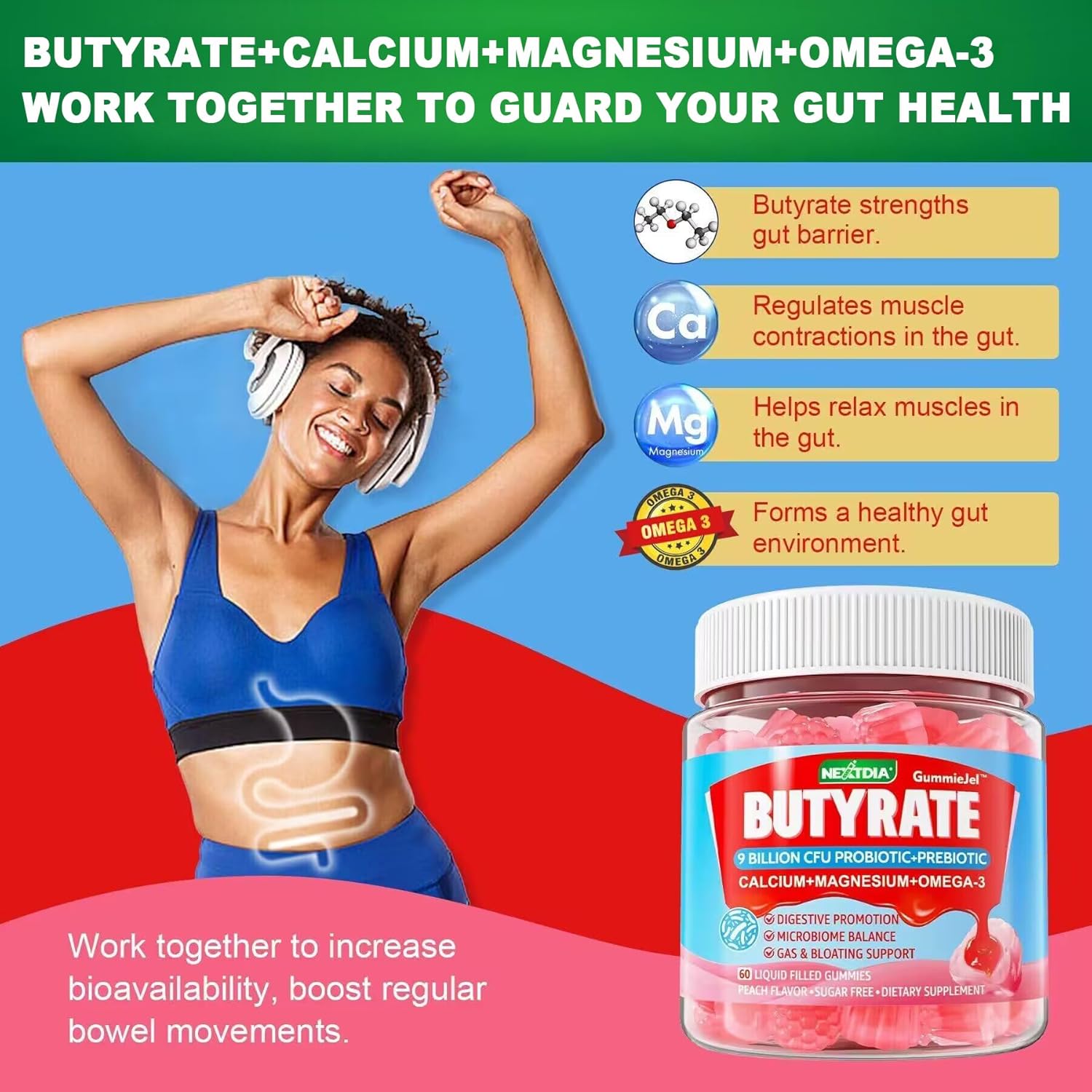 Sugar-Free Butyrate Gummies with Probiotic, Prebiotic, Postbiotic, Omega-3, Fiber, 9 Billion CFU Probiotics, Calcium, Magnesium, Inulin, Psyllium Husk for Digestive Health & Bloating Support