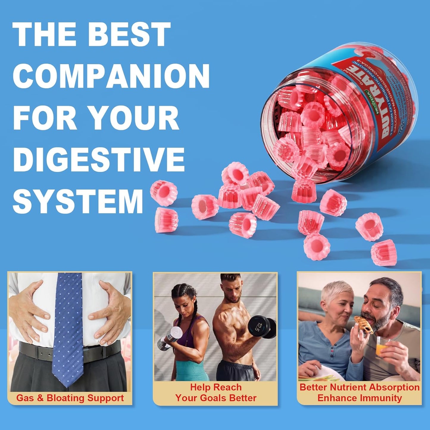 Sugar-Free Butyrate Gummies with Probiotic, Prebiotic, Postbiotic, Omega-3, Fiber, 9 Billion CFU Probiotics, Calcium, Magnesium, Inulin, Psyllium Husk for Digestive Health & Bloating Support