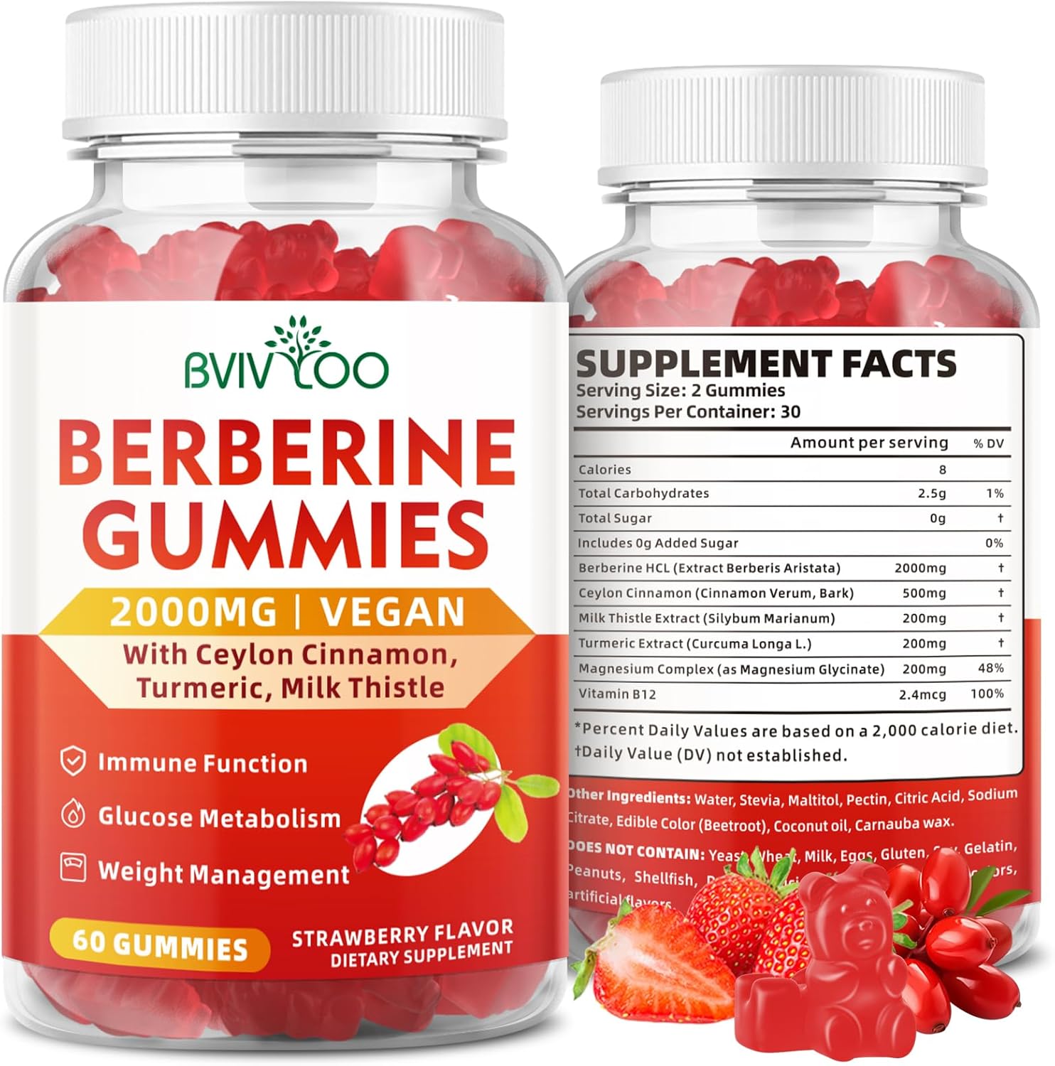 Sugar-Free BVIVLOO Berberine Gummies - 2000mg High Potency Supplement with Ceylon Cinnamon & Milk Thistle for Immune System & Metabolism Support - 60 Gummies