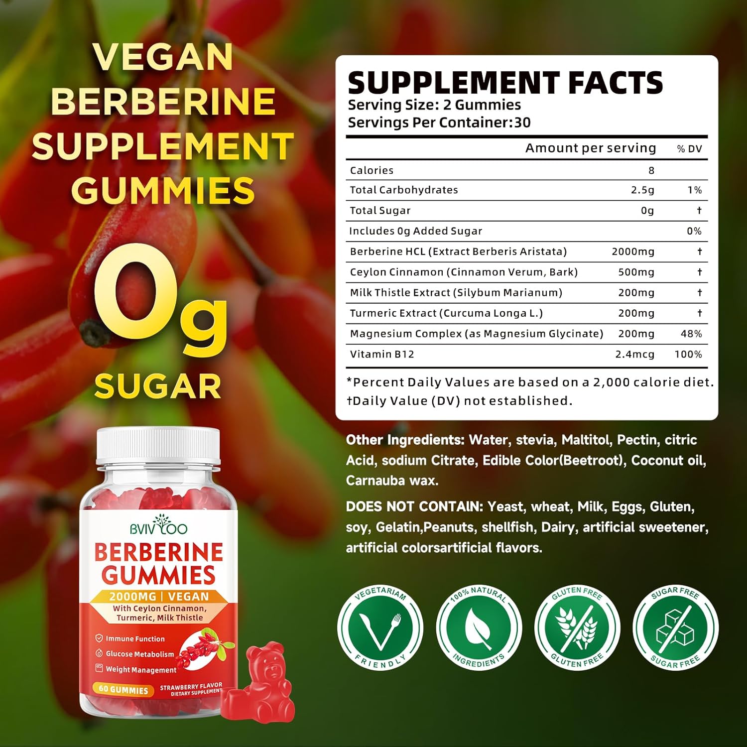 Sugar-Free BVIVLOO Berberine Gummies - 2000mg High Potency Supplement with Ceylon Cinnamon & Milk Thistle for Immune System & Metabolism Support - 60 Gummies