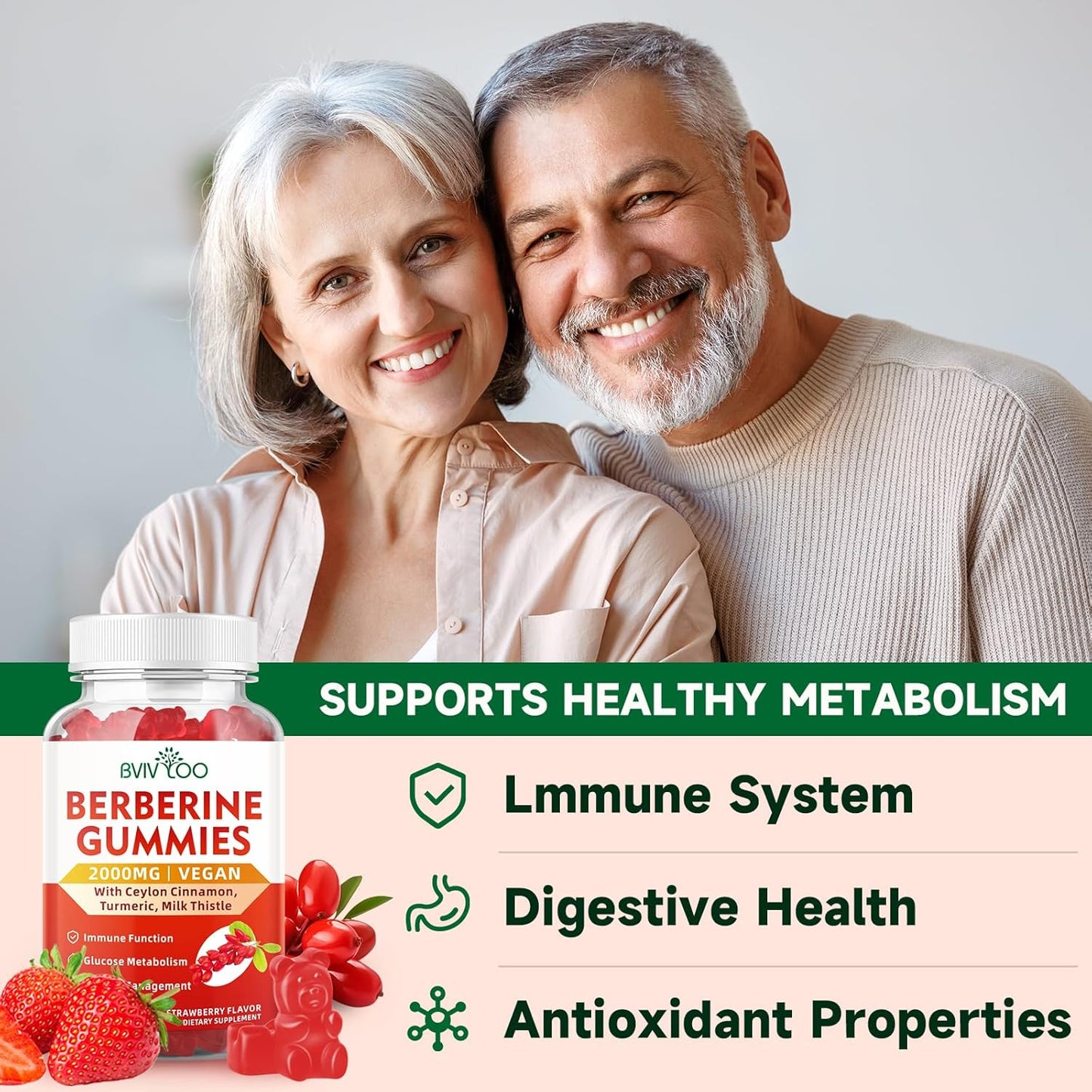 Sugar-Free BVIVLOO Berberine Gummies - 2000mg High Potency Supplement with Ceylon Cinnamon & Milk Thistle for Immune System & Metabolism Support - 60 Gummies