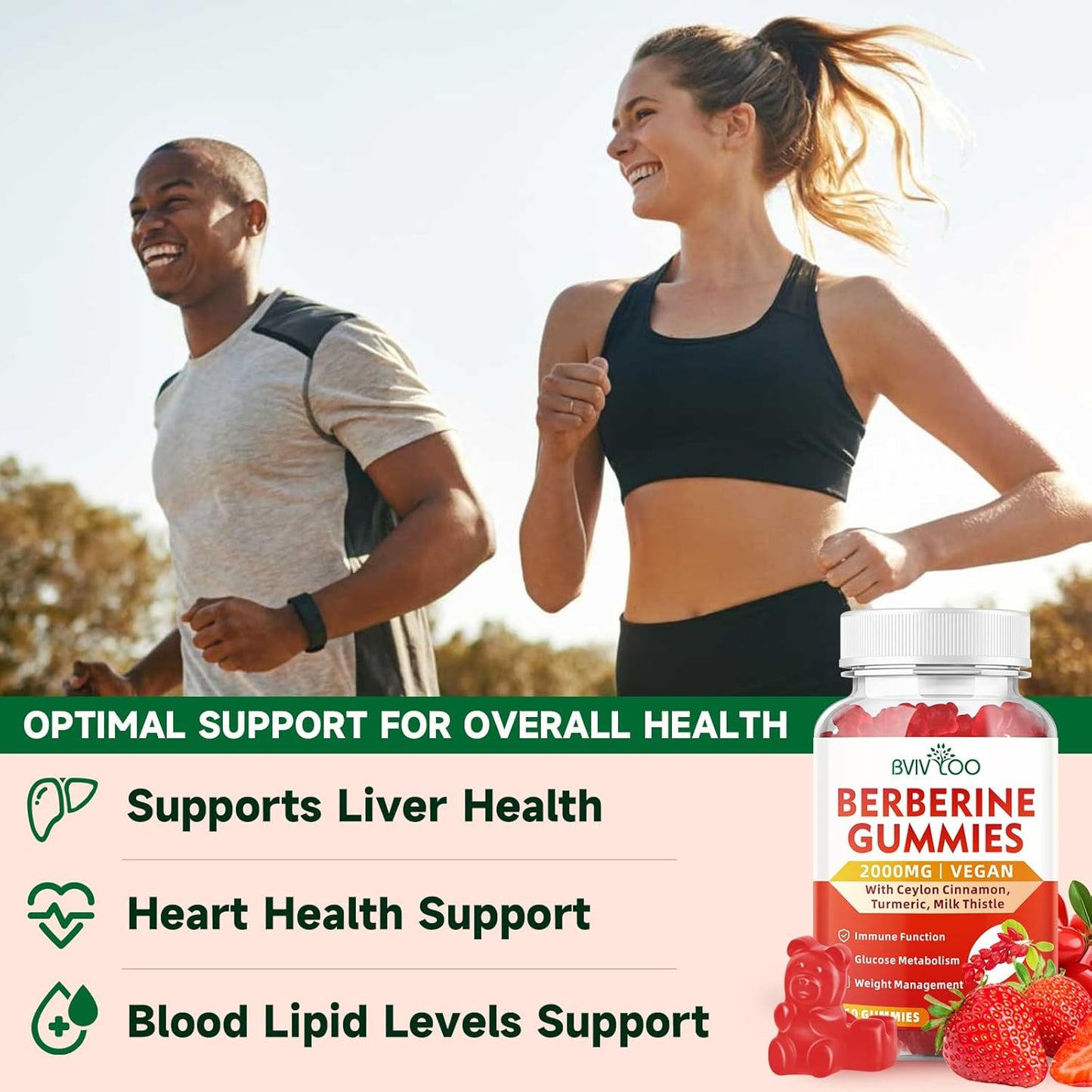 Sugar-Free BVIVLOO Berberine Gummies - 2000mg High Potency Supplement with Ceylon Cinnamon & Milk Thistle for Immune System & Metabolism Support - 60 Gummies