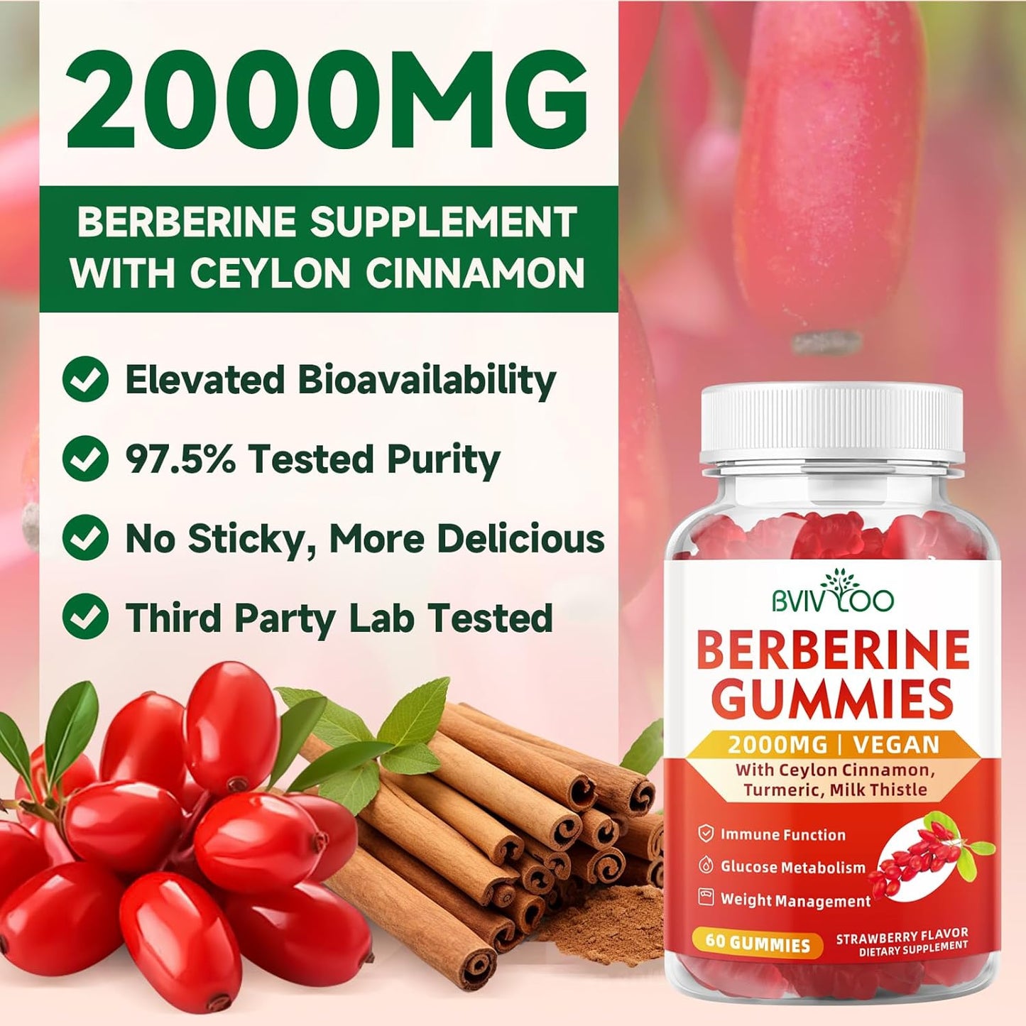 Sugar-Free BVIVLOO Berberine Gummies - 2000mg High Potency Supplement with Ceylon Cinnamon & Milk Thistle for Immune System & Metabolism Support - 60 Gummies