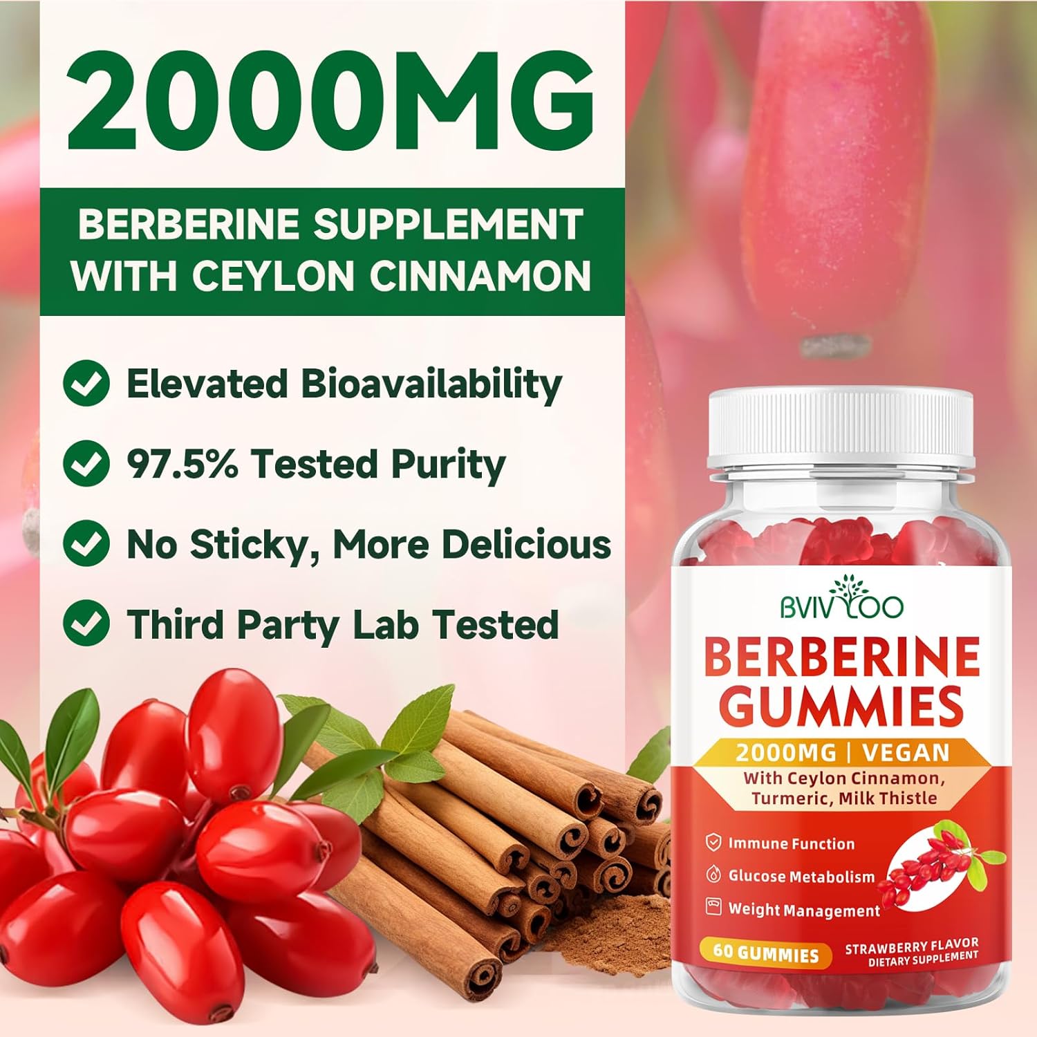 Sugar-Free BVIVLOO Berberine Gummies - 2000mg High Potency Supplement with Ceylon Cinnamon & Milk Thistle for Immune System & Metabolism Support - 60 Gummies
