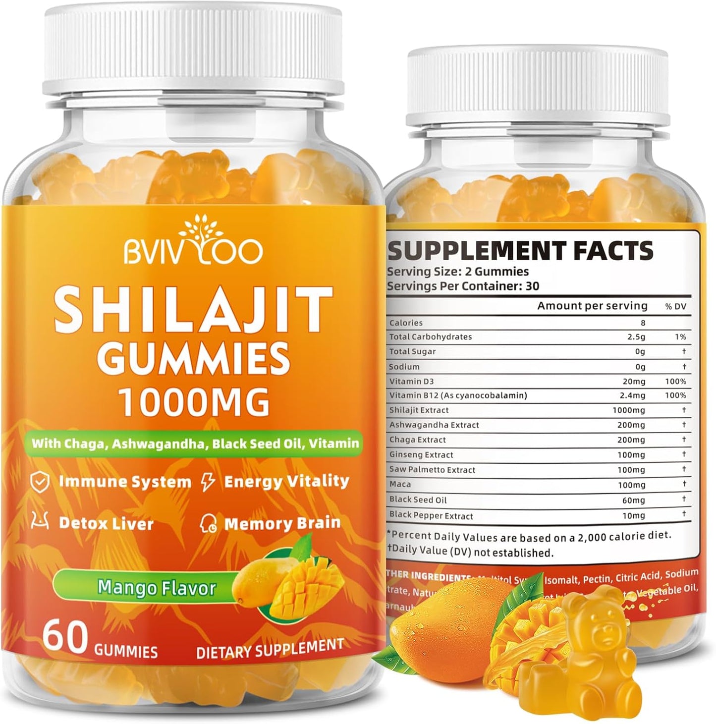 Sugar-Free BVIVLOO Shilajit Gummies - 1000mg Pure Himalayan Supplement for Energy, Brain, Immunity - Men & Women - 85+ Trace Minerals & Fulvic Acid - 60 Gummies
