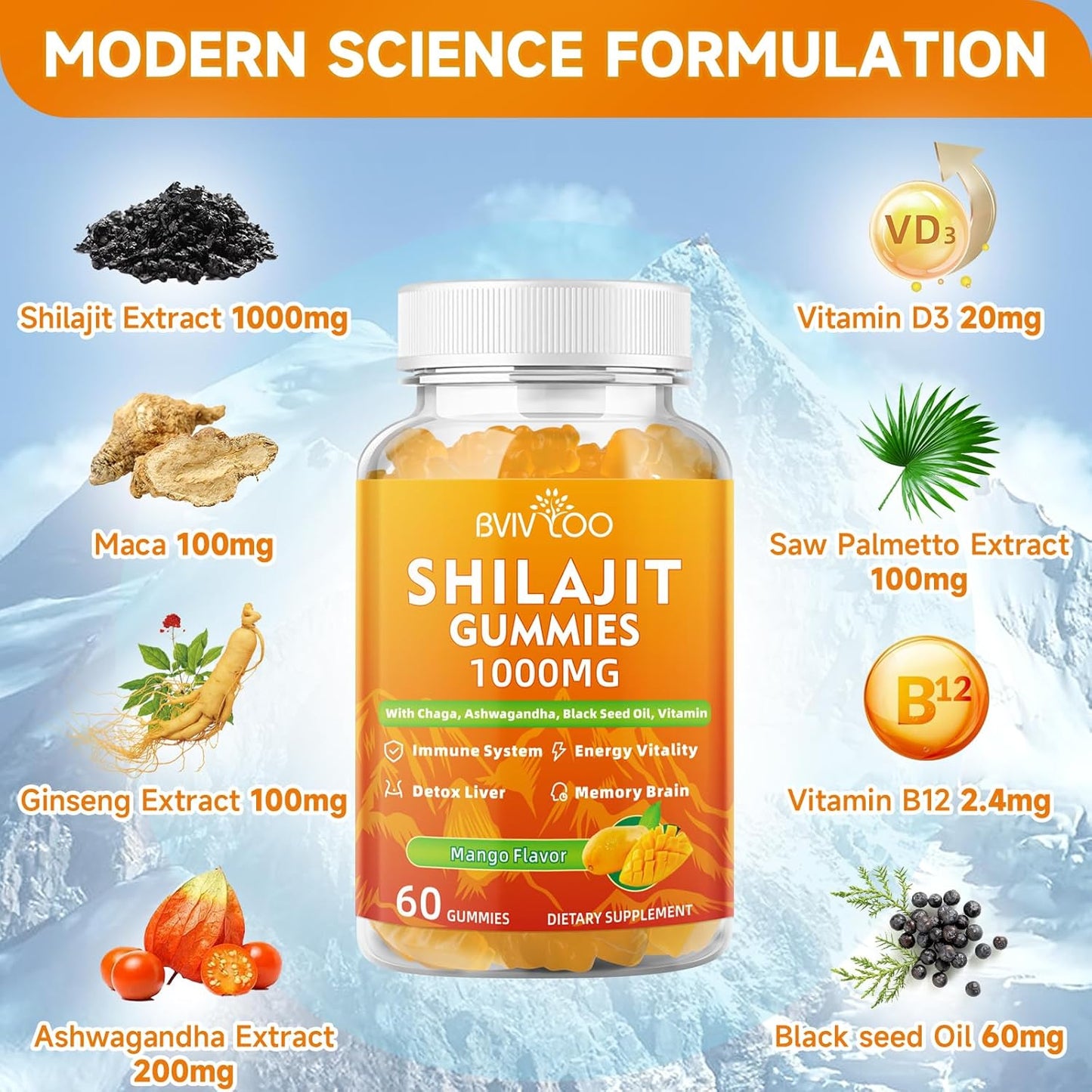 Sugar-Free BVIVLOO Shilajit Gummies - 1000mg Pure Himalayan Supplement for Energy, Brain, Immunity - Men & Women - 85+ Trace Minerals & Fulvic Acid - 60 Gummies