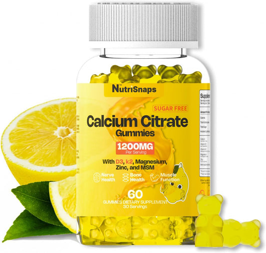 Sugar Free Calcium Citrate Gummies 1200mg with Vitamin D3, K2, Magnesium, Zinc, MSM - Bone, Muscle, Immune Support - Vegan - 60 Count