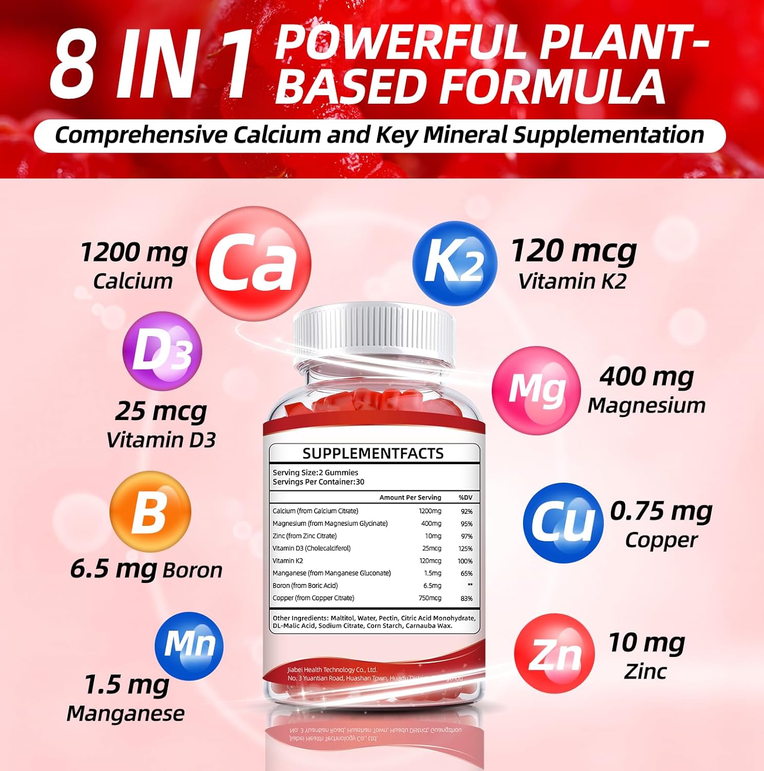 Sugar-Free Calcium Citrate Gummies 1200mg with Vitamin D3, Magnesium, Zinc, K2 - Ultimate Absorption Supplement for Strong Bones & Muscles, Immune Support - Men & Women