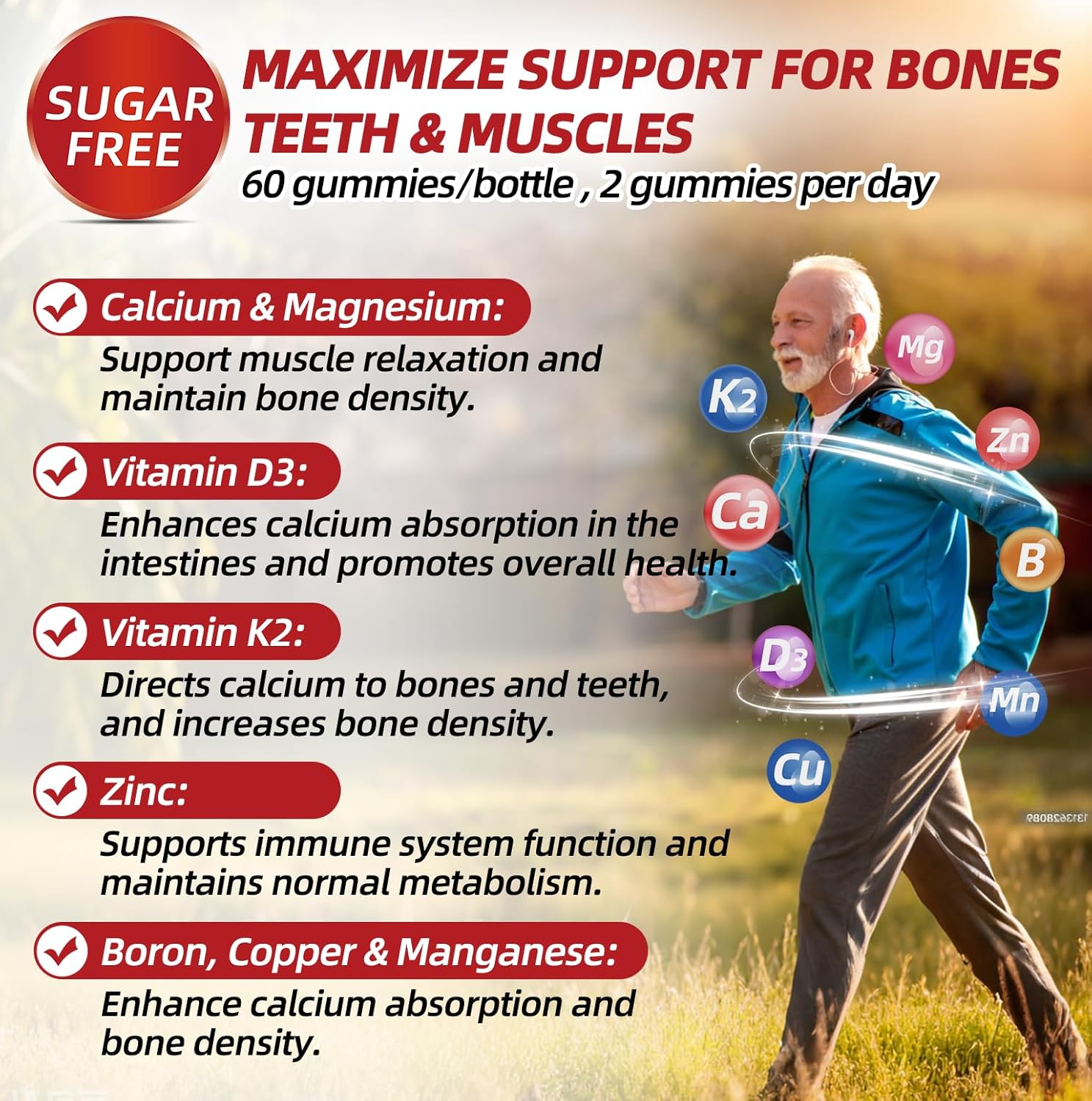 Sugar-Free Calcium Citrate Gummies 1200mg with Vitamin D3, Magnesium, Zinc, K2 - Ultimate Absorption Supplement for Strong Bones & Muscles, Immune Support - Men & Women