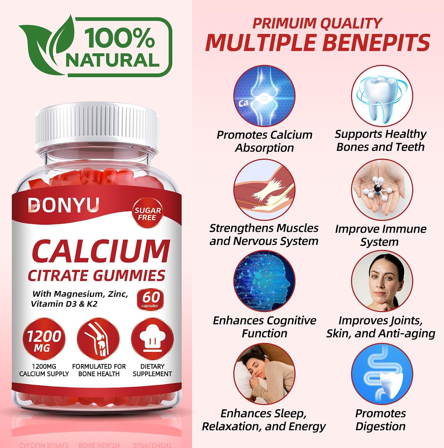 Sugar-Free Calcium Citrate Gummies 1200mg with Vitamin D3, Magnesium, Zinc, K2 - Ultimate Absorption Supplement for Strong Bones & Muscles, Immune Support - Men & Women