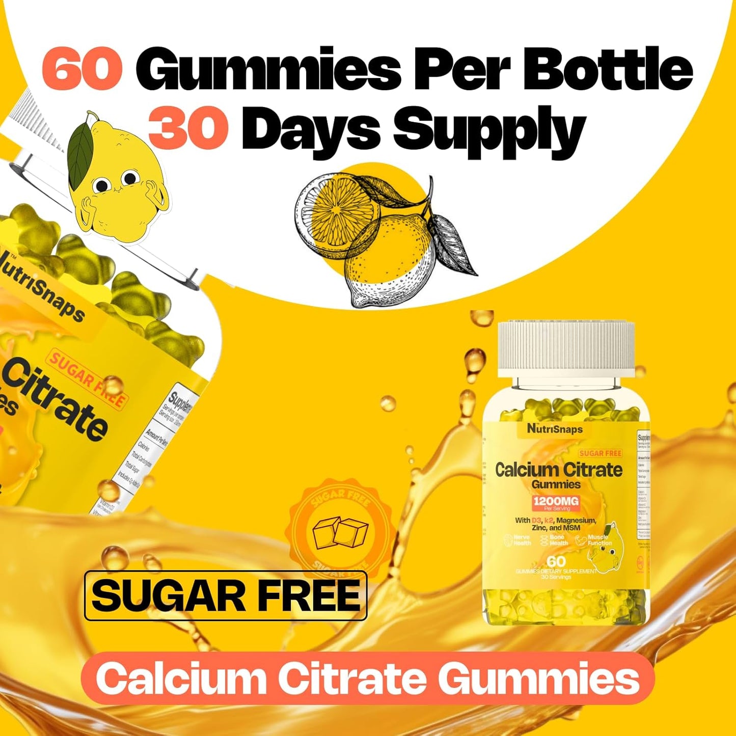 Sugar Free Calcium Citrate Gummies 1200mg with Vitamin D3, K2, Magnesium, Zinc, MSM - Bone, Muscle, Immune Support - Vegan - 60 Count