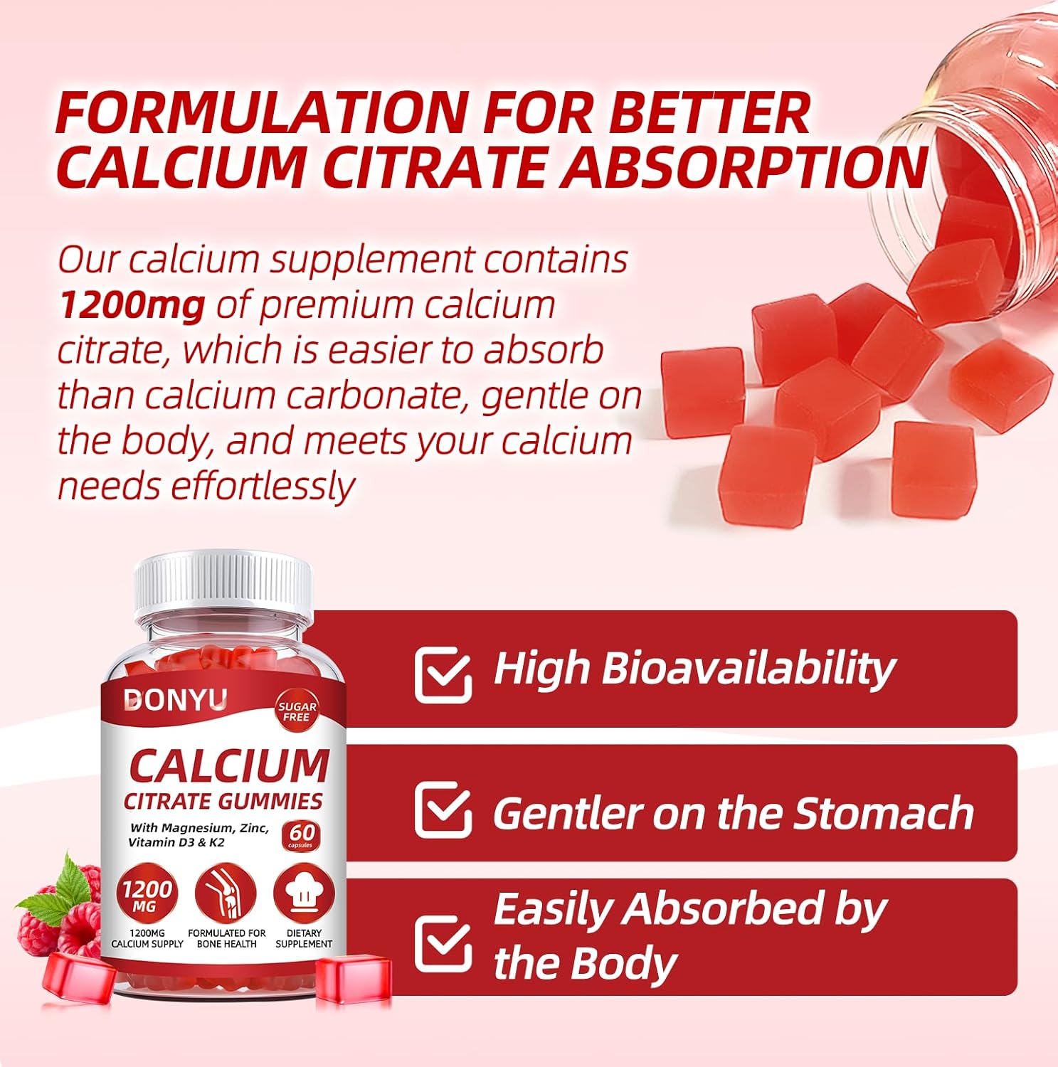 Sugar-Free Calcium Citrate Gummies 1200mg with Vitamin D3, Magnesium, Zinc, K2 - Ultimate Absorption Supplement for Strong Bones & Muscles, Immune Support - Men & Women