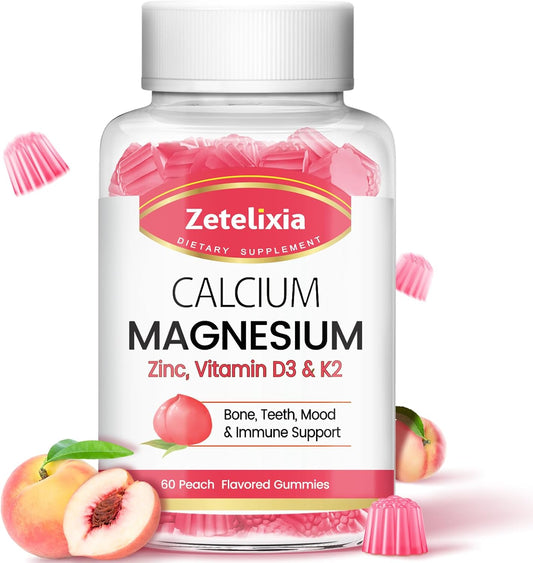 Sugar Free Calcium Citrate Gummies with Vitamin D3 & K2, Peach Flavor - 60 Ct for Bone, Muscle, and Joint Health