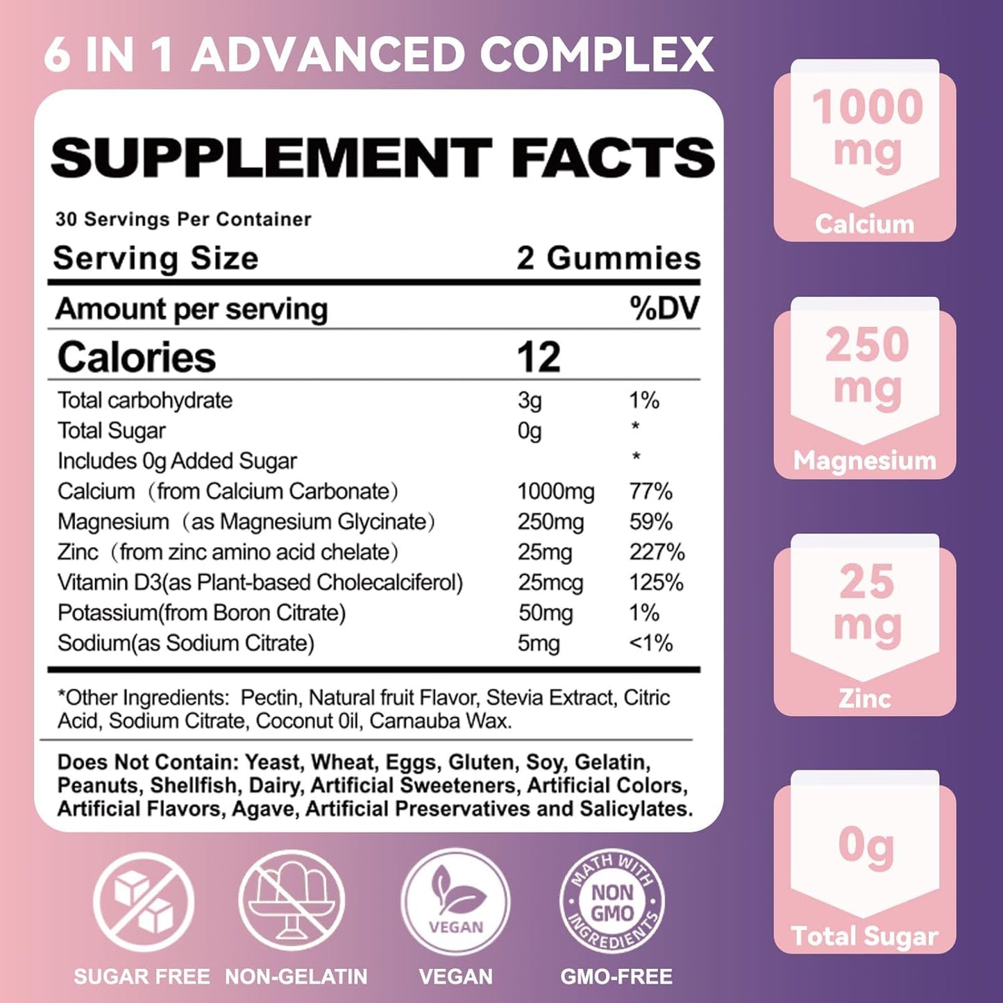 Sugar-Free Calcium Magnesium Gummies with Potassium and Zinc - Non-GMO 1000mg Calcium, 250mg Magnesium Complex - 60 Count