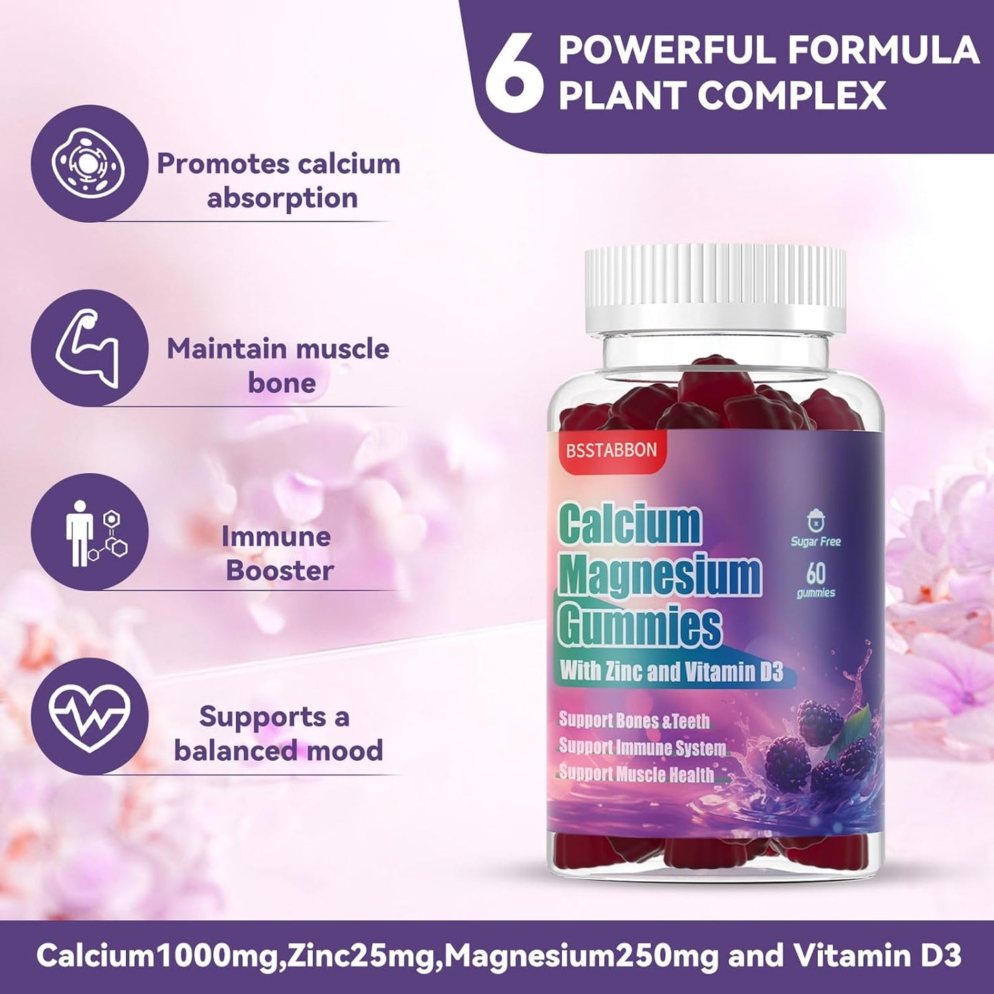 Sugar-Free Calcium Magnesium Gummies with Potassium and Zinc - Non-GMO 1000mg Calcium, 250mg Magnesium Complex - 60 Count