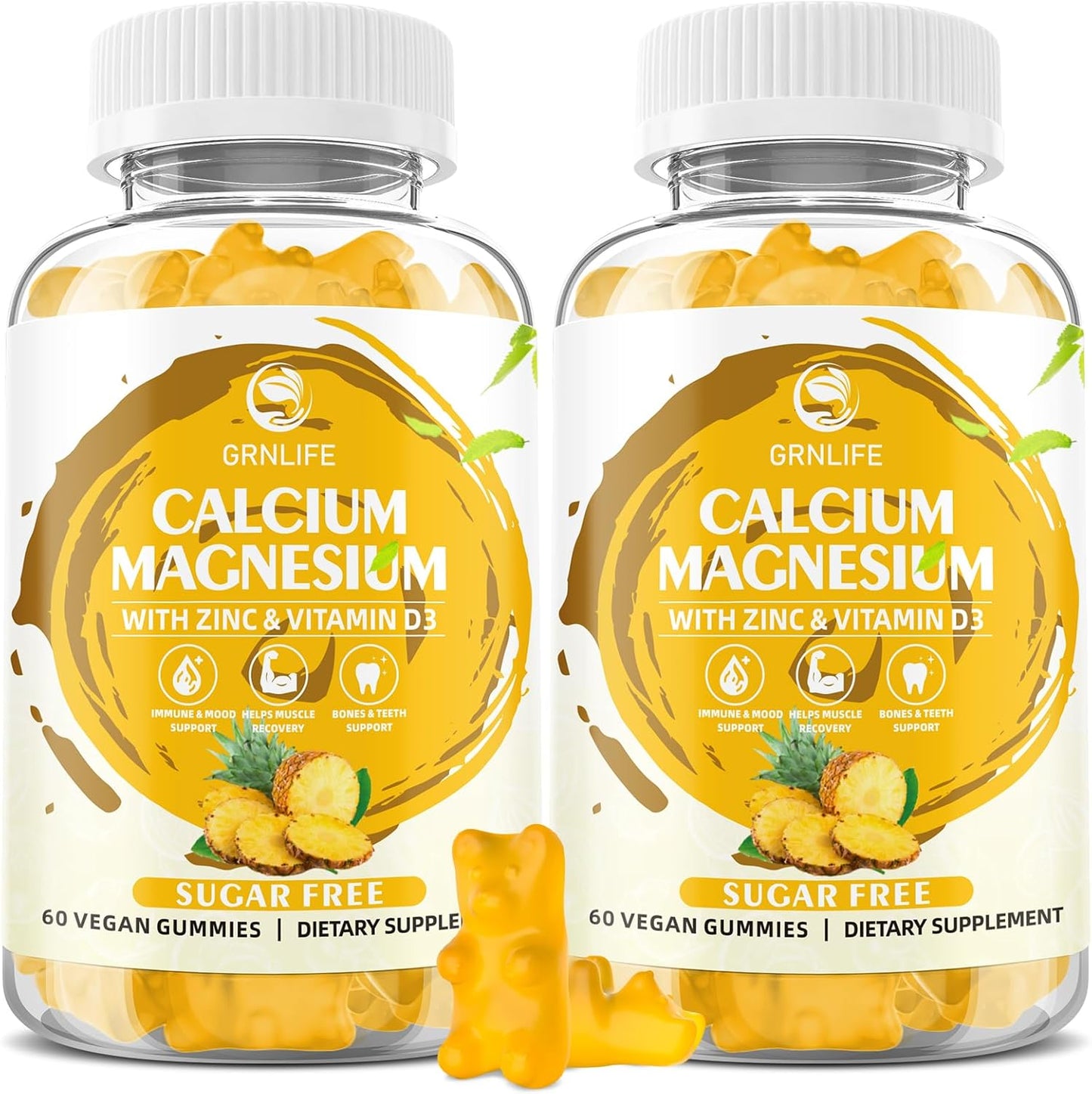 Sugar-Free Calcium Magnesium Zinc Gummies with Vitamin D3 for Bone and Muscle Health - 120 Pineapple Flavored Gummies