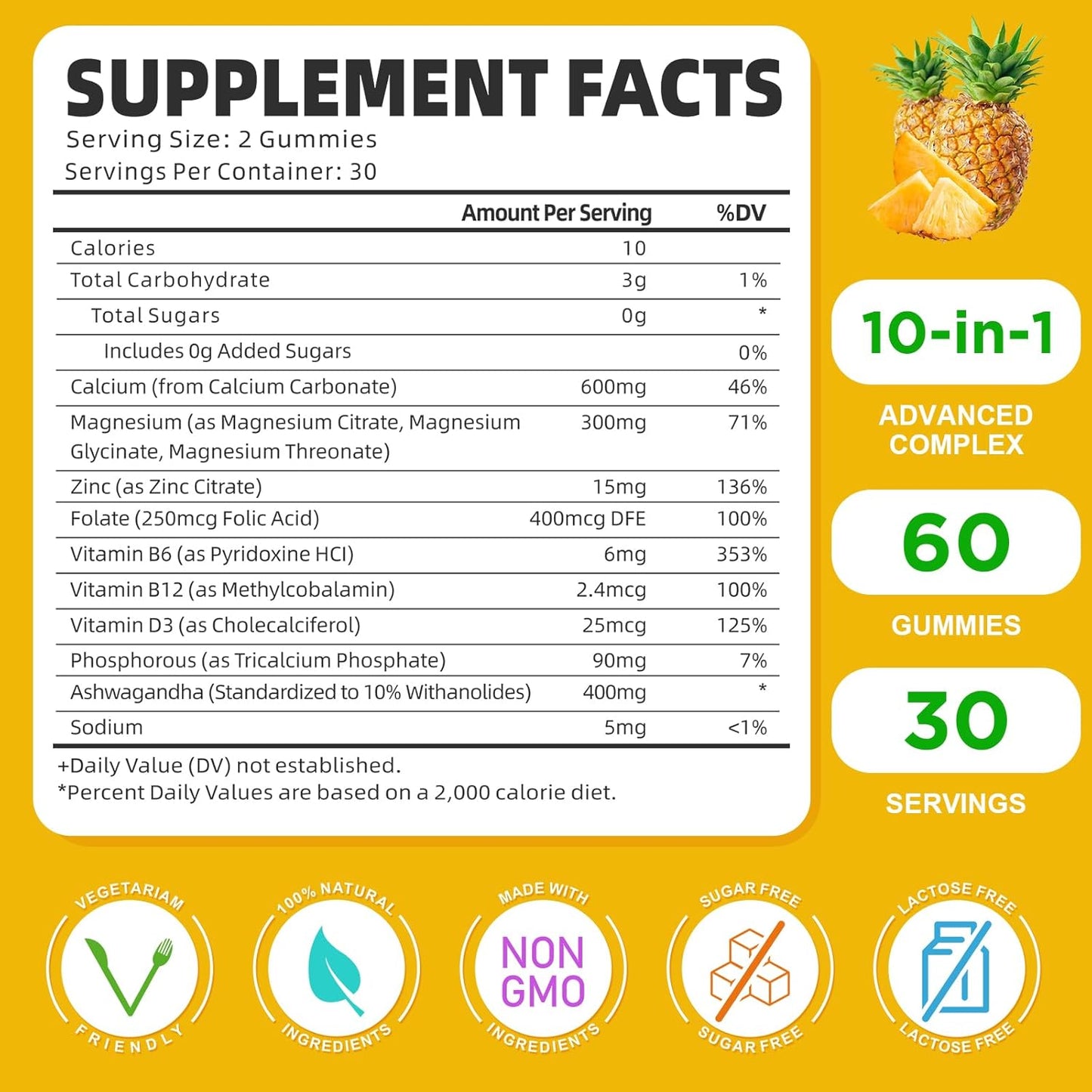 Sugar-Free Calcium Magnesium Zinc Gummies with Vitamin D3 for Bone and Muscle Health - 120 Pineapple Flavored Gummies