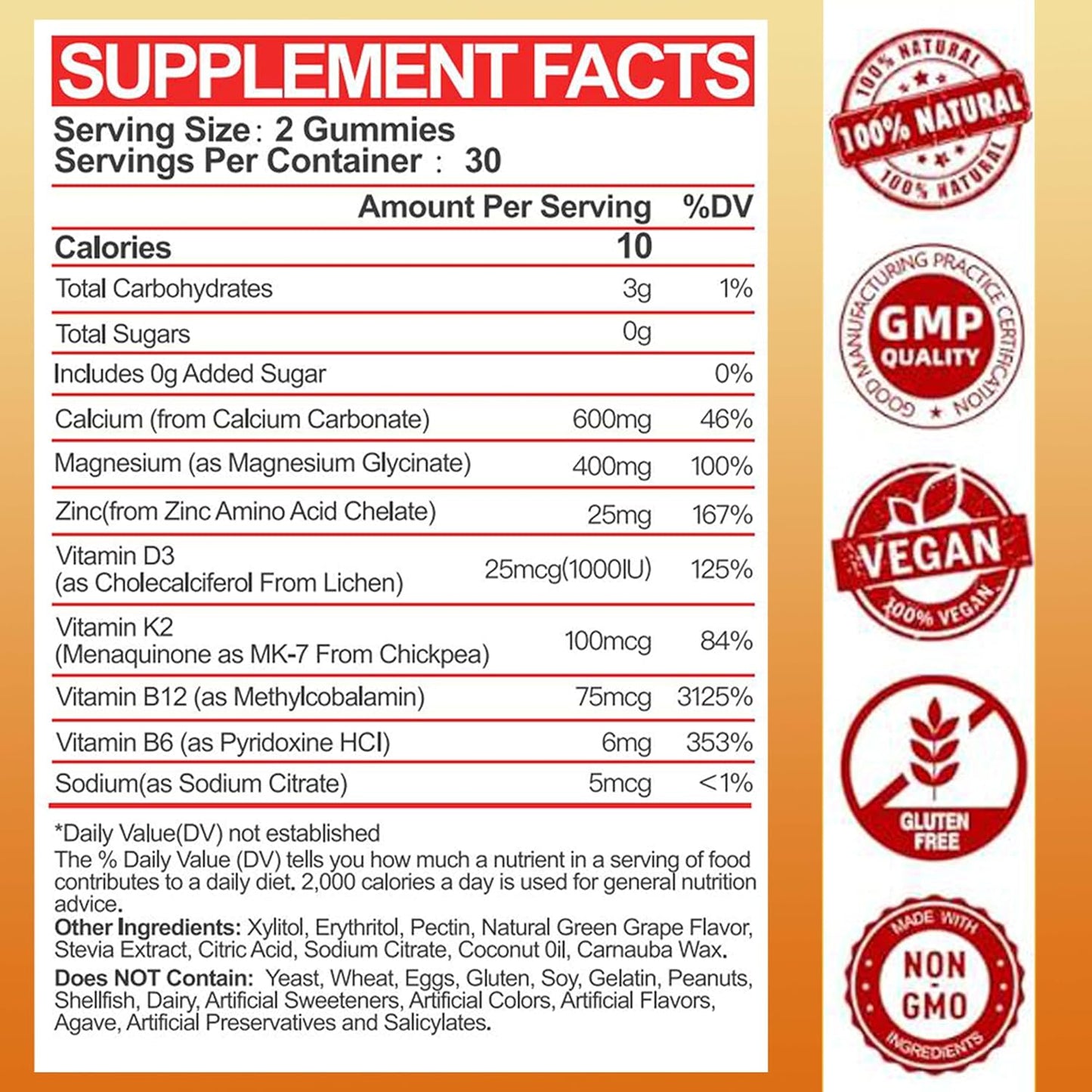 Sugar-Free Calcium Magnesium Zinc Gummies with Vitamin D3 & K2 for Adults Men Women Kids - High Absorption Magnesium Glycinate 400mg - Supports Nerve Muscle Mood & Immunity