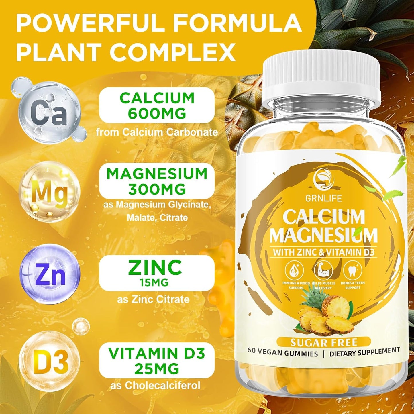 Sugar-Free Calcium Magnesium Zinc Gummies with Vitamin D3 for Bone and Muscle Health - 120 Pineapple Flavored Gummies