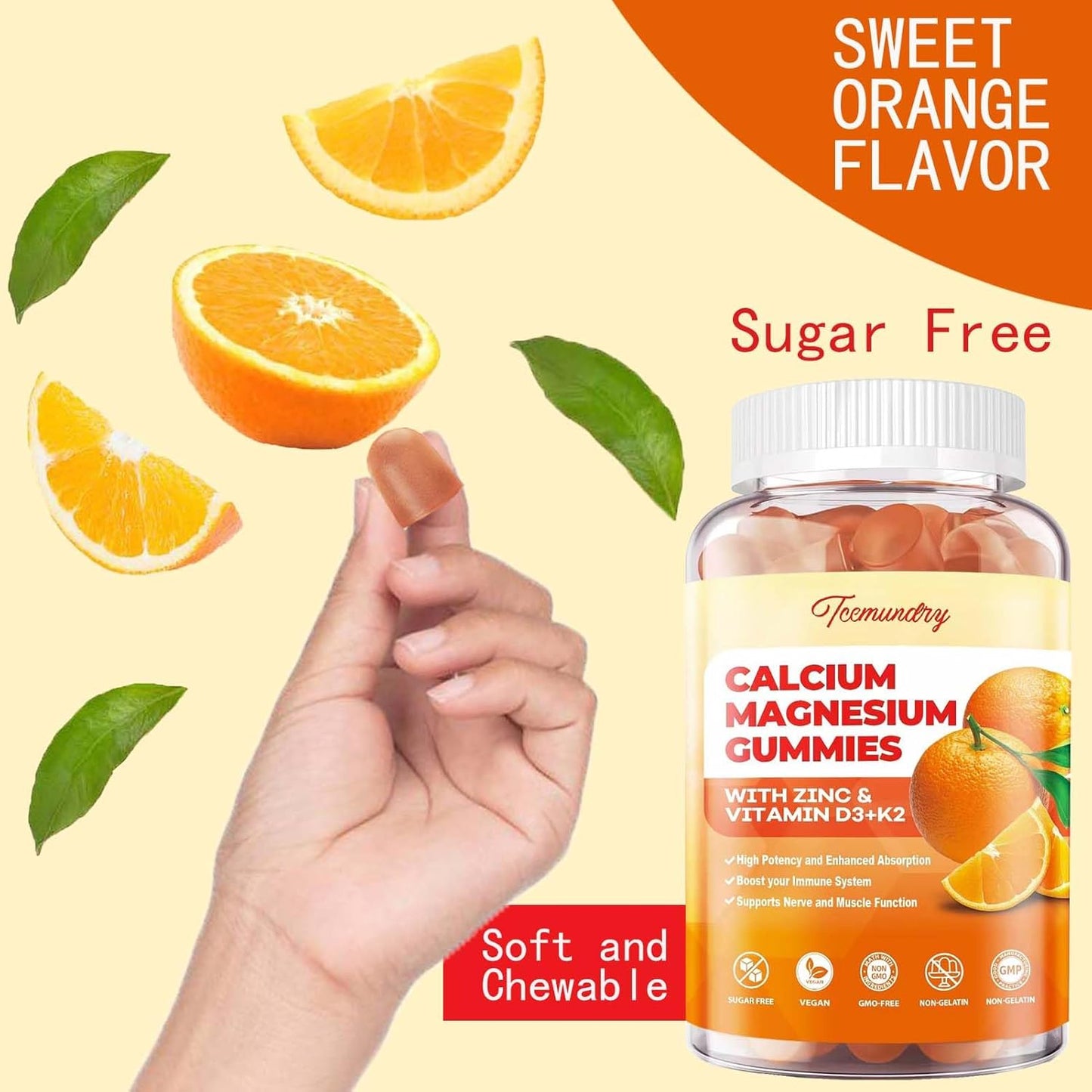 Sugar-Free Calcium Magnesium Zinc Gummies with Vitamin D3 & K2 for Adults Men Women Kids - High Absorption Magnesium Glycinate 400mg - Supports Nerve Muscle Mood & Immunity