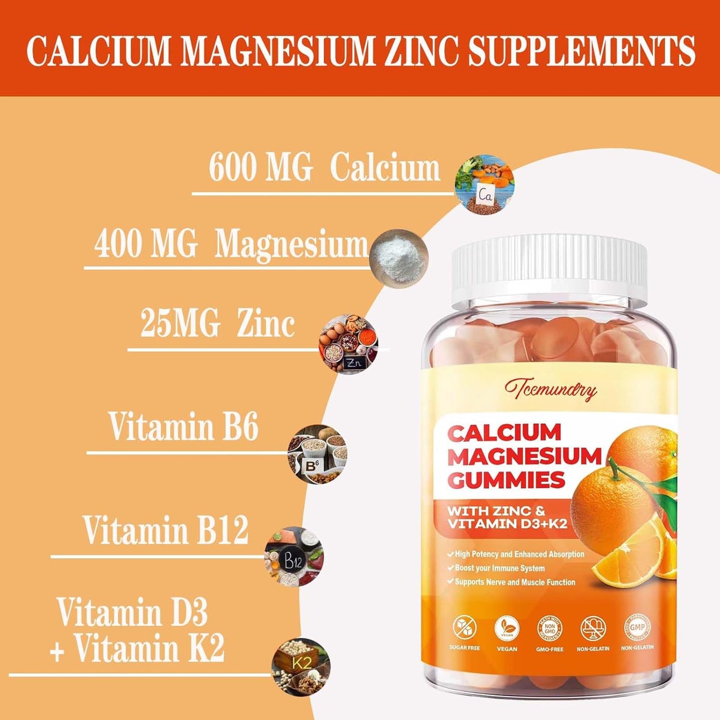 Sugar-Free Calcium Magnesium Zinc Gummies with Vitamin D3 & K2 for Adults Men Women Kids - High Absorption Magnesium Glycinate 400mg - Supports Nerve Muscle Mood & Immunity