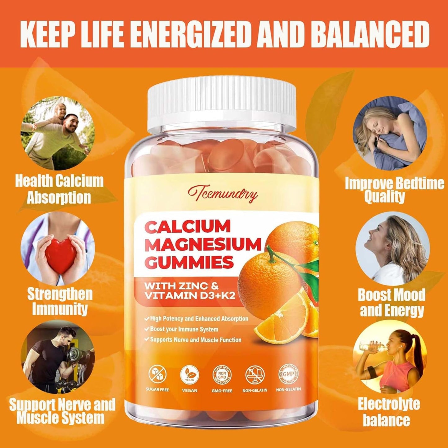 Sugar-Free Calcium Magnesium Zinc Gummies with Vitamin D3 & K2 for Adults Men Women Kids - High Absorption Magnesium Glycinate 400mg - Supports Nerve Muscle Mood & Immunity
